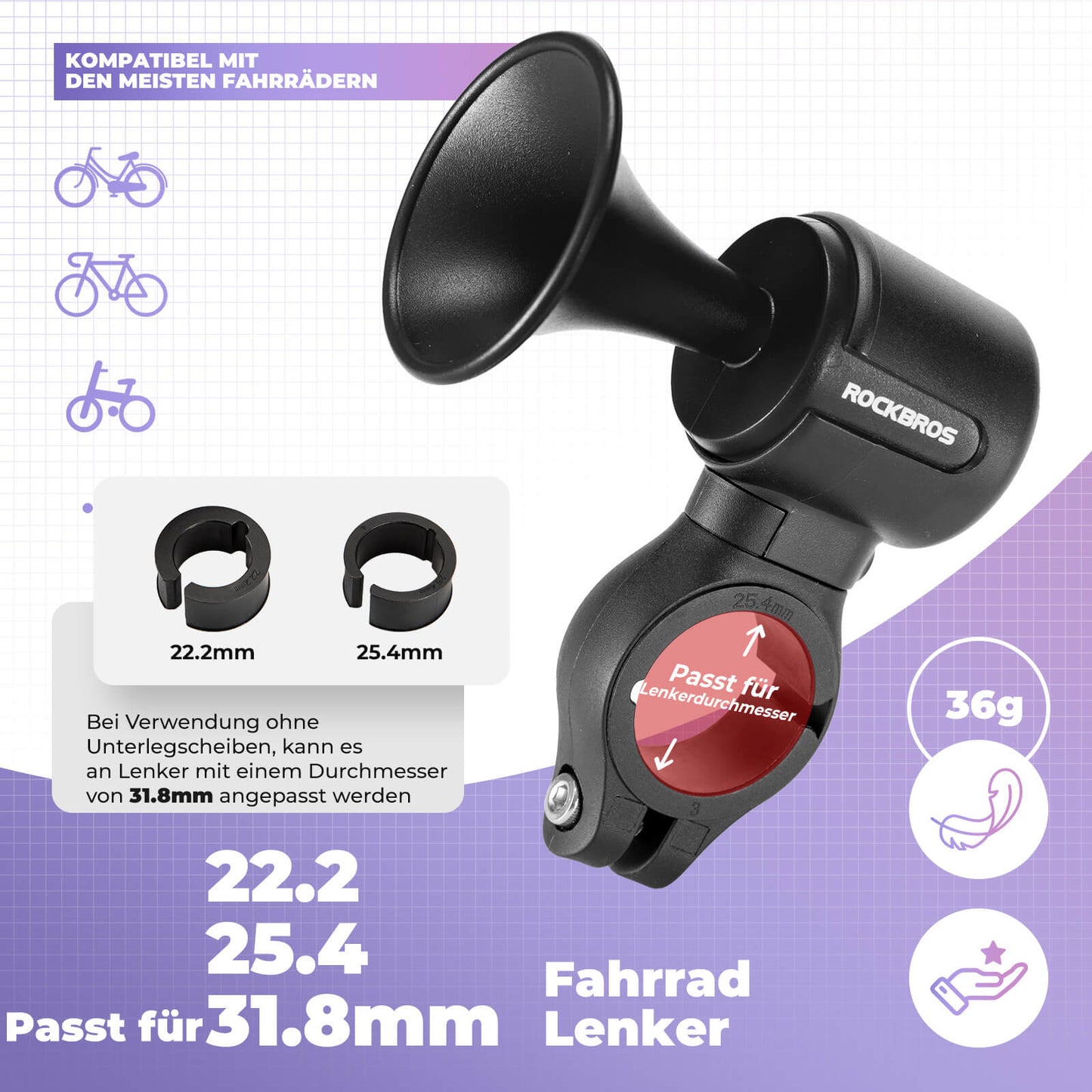 Sonnette de vélo électrique 120 dB pour guidons de 22,2/25,4/31,8 mm ROCKBROS