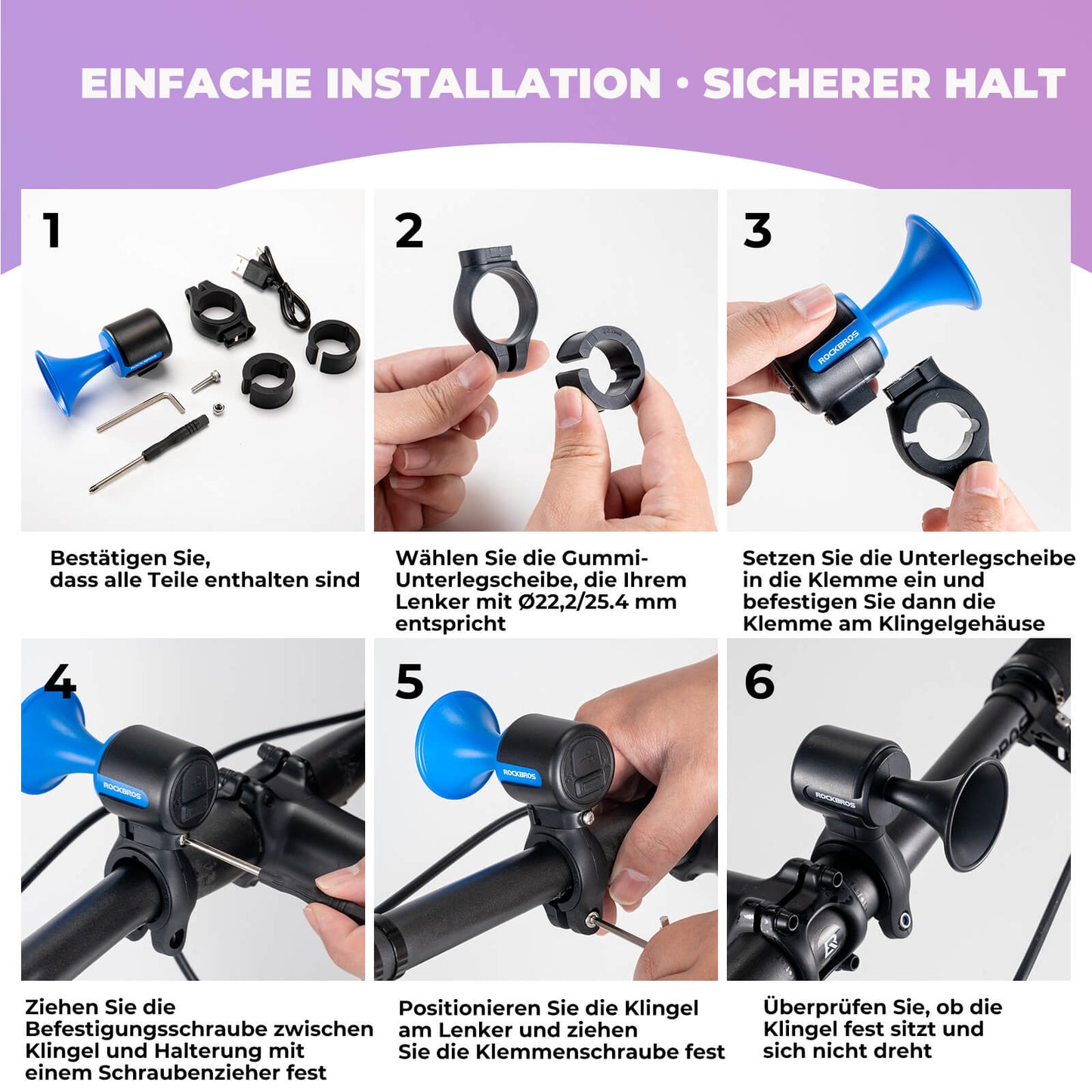 Sonnette de vélo électrique 120 dB pour guidons de 22,2/25,4/31,8 mm ROCKBROS