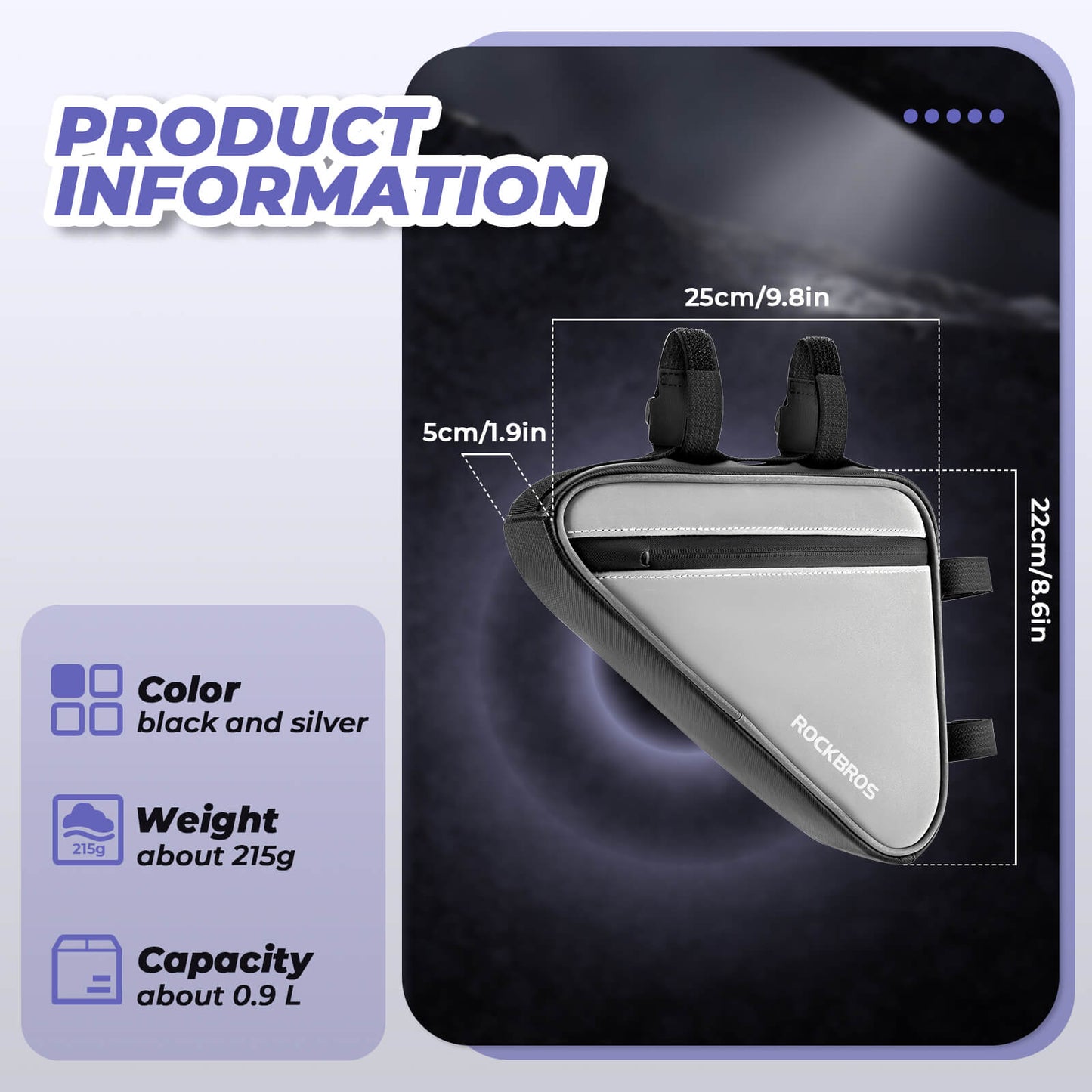 Sacoche de vélo, sacoche de cadre réfléchissante, sacoche triangulaire, 0,9 L, ROCKBROS