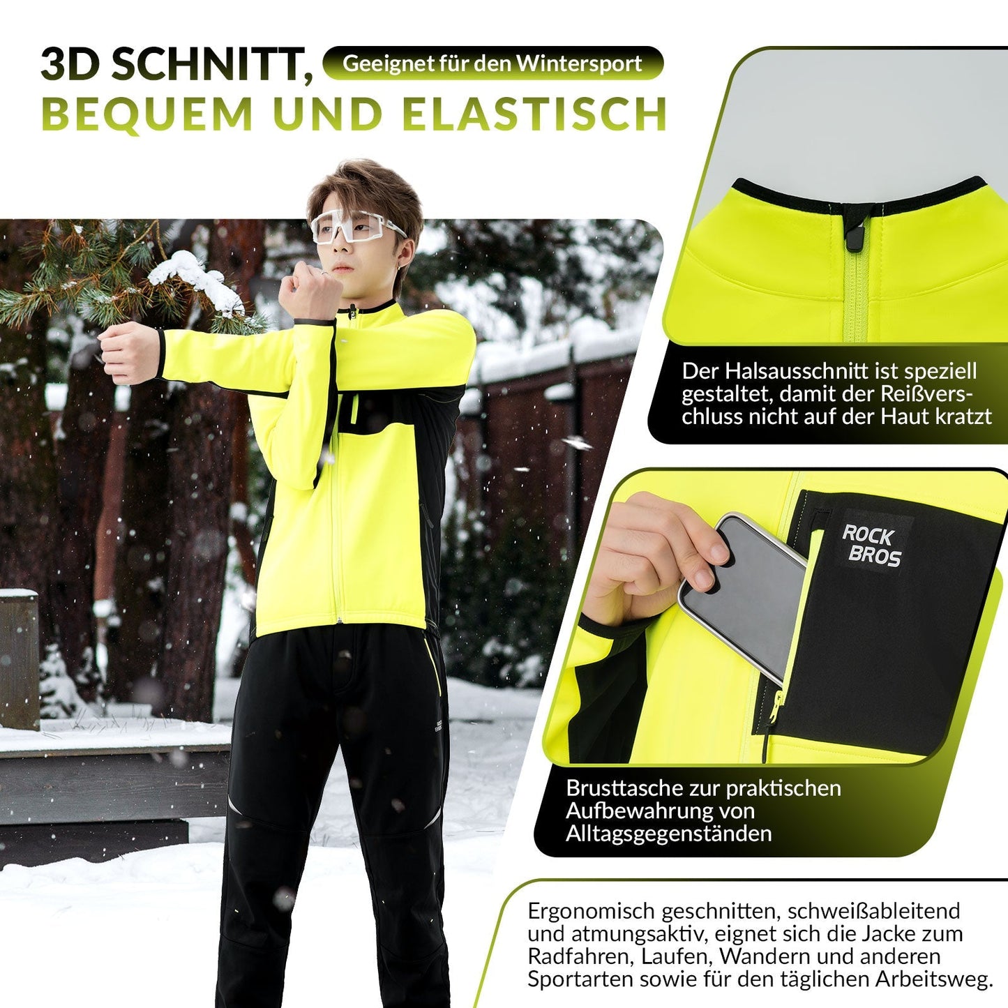 Ensemble veste et pantalon de cyclisme homme, jaune, coupe-vent et chaud, idéal pour l'hiver et les sports de plein air, ROCKBROS