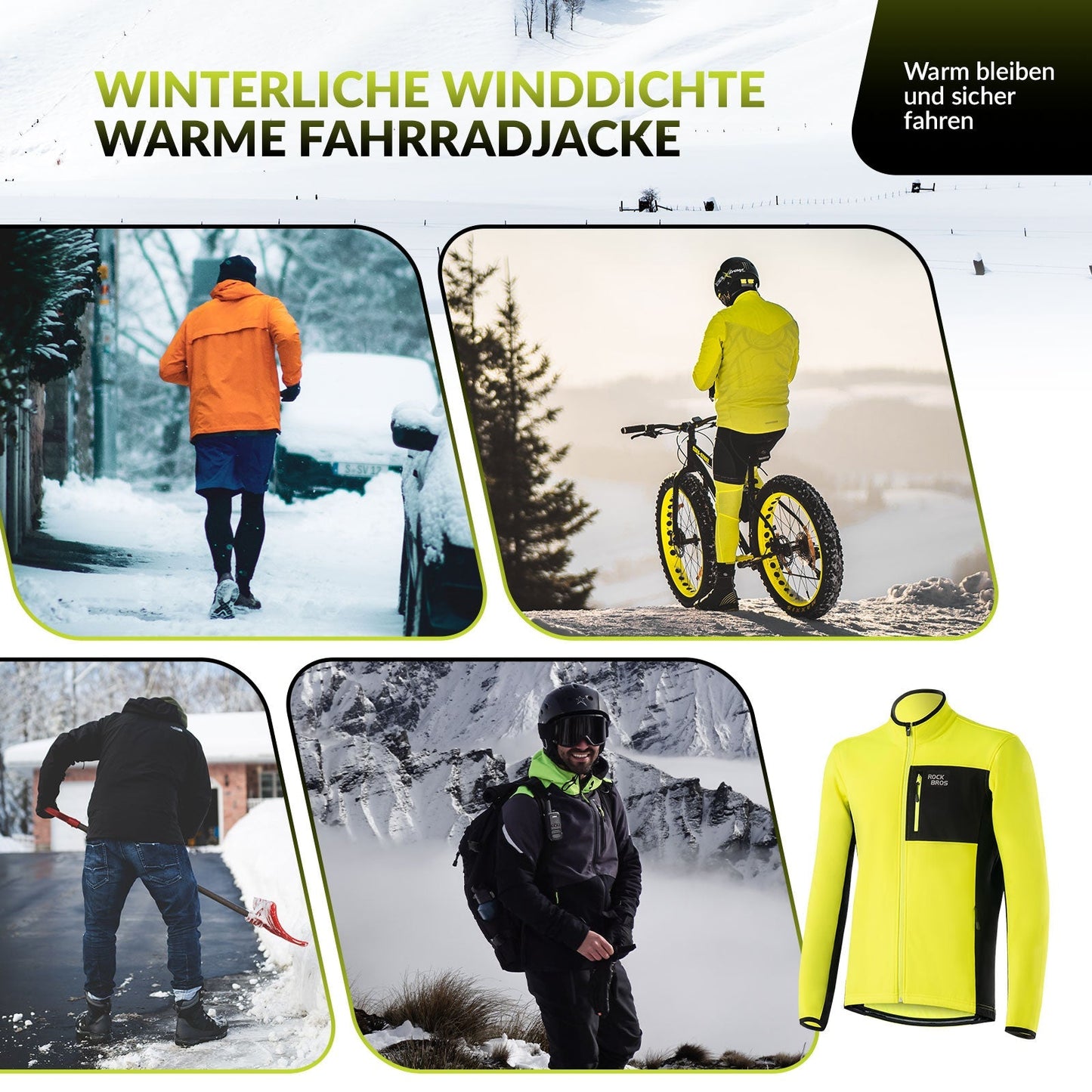 Ensemble veste et pantalon de cyclisme homme, jaune, coupe-vent et chaud, idéal pour l'hiver et les sports de plein air, ROCKBROS