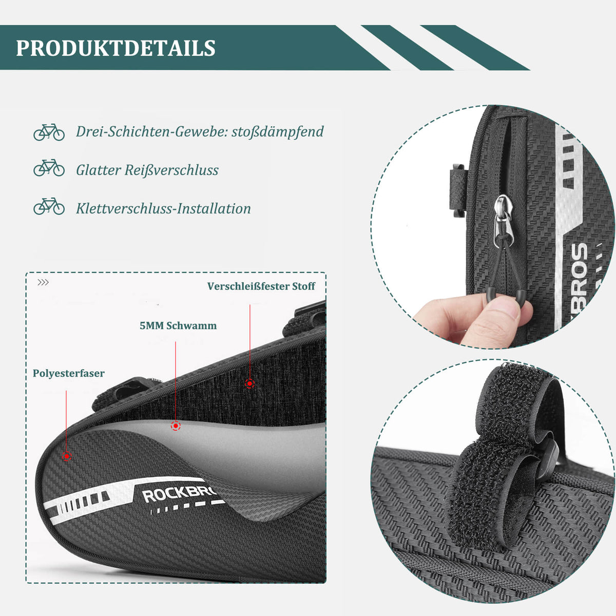 ROCKBROS Sac de cadre étanche Sac triangle pour VTT & vélos de route 1,2L
