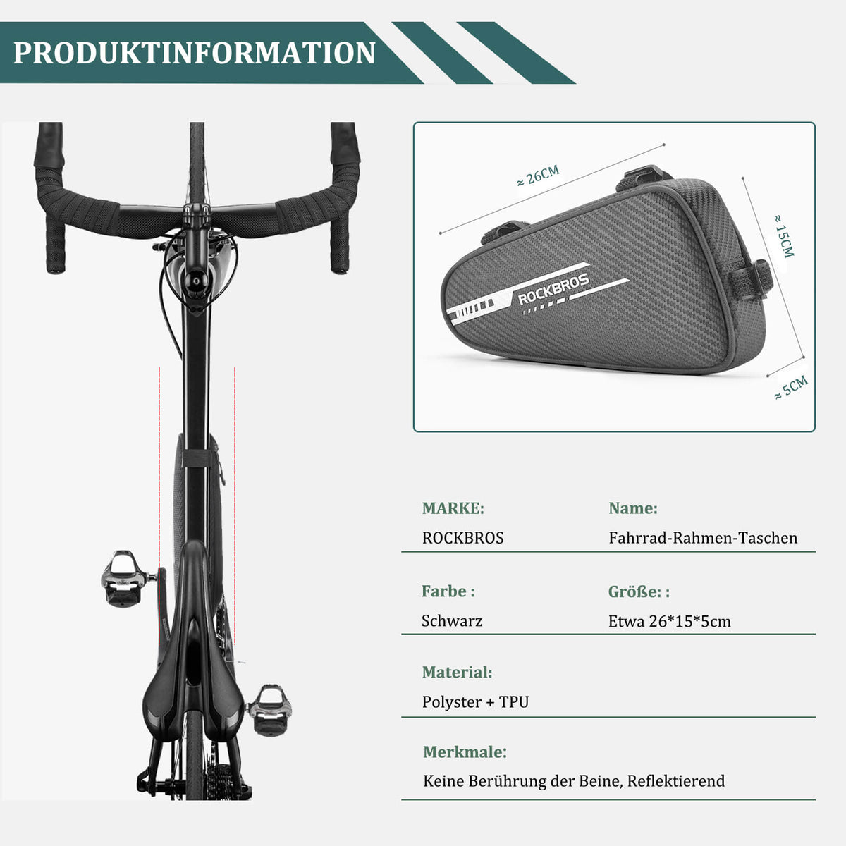 ROCKBROS Sac de cadre étanche Sac triangle pour VTT & vélos de route 1,2L