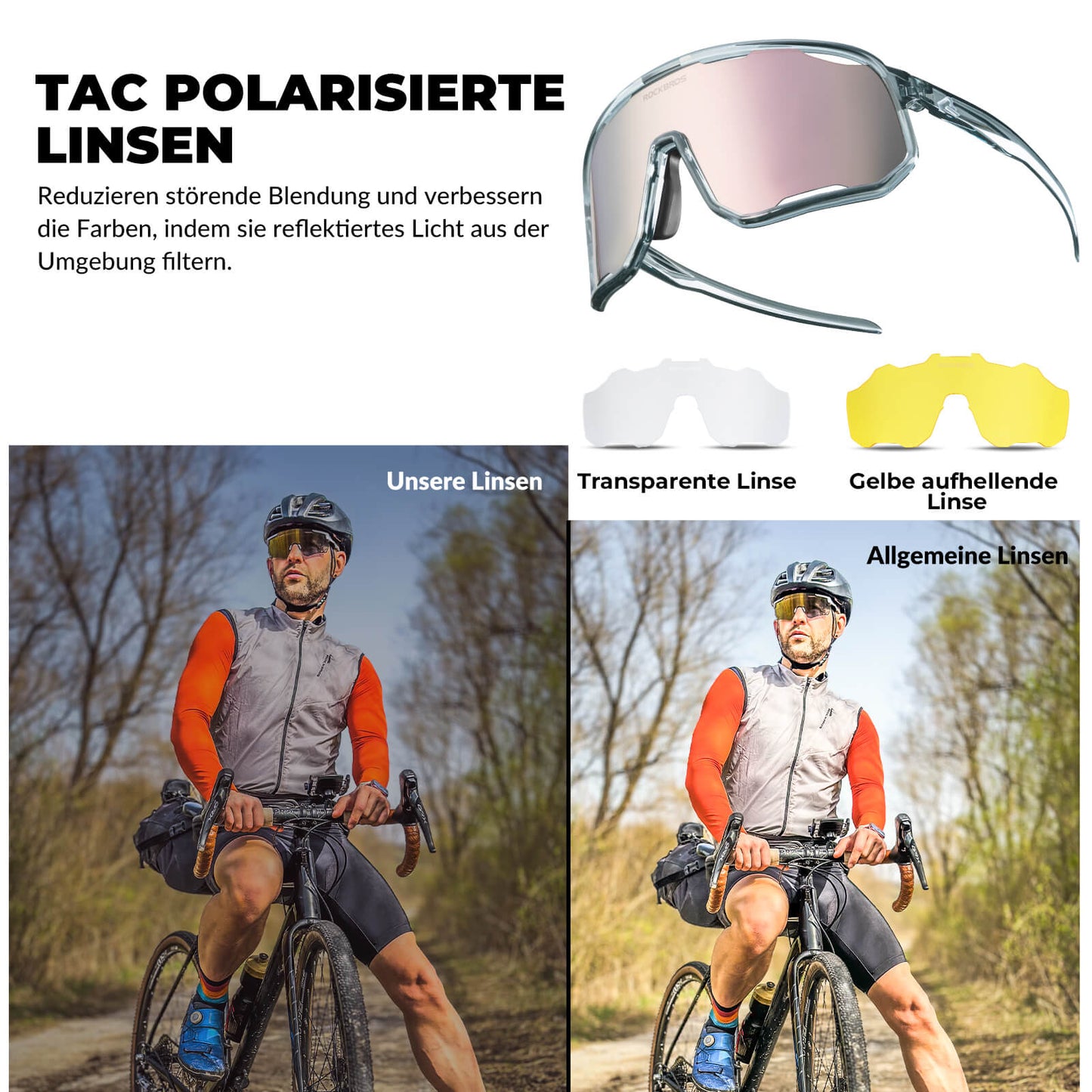 Lunettes de cyclisme, lunettes de soleil polarisées, protection UV, plaquettes nasales interchangeables, modèle femme/homme, ROCKBROS