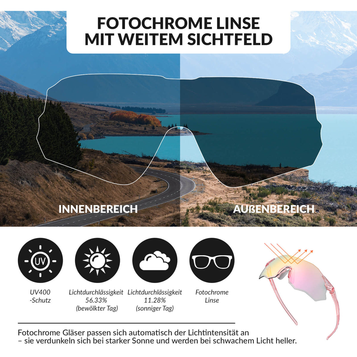 ROCKBROS Lunettes de vélo photochromatiques Protection UV400 Sans monture -SWIFT