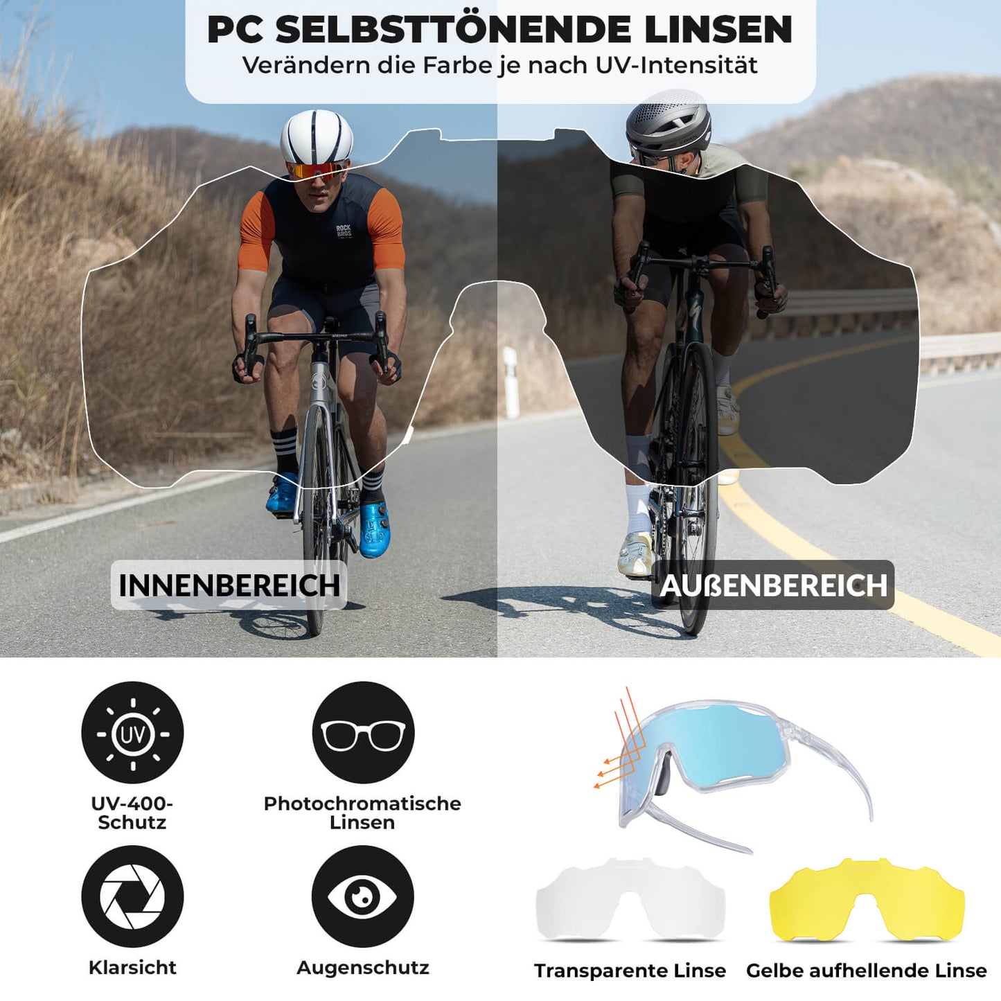Lunettes de cyclisme, lunettes de soleil photochromiques, protection UV, plaquettes nasales interchangeables, modèle femme/homme, ROCKBROS