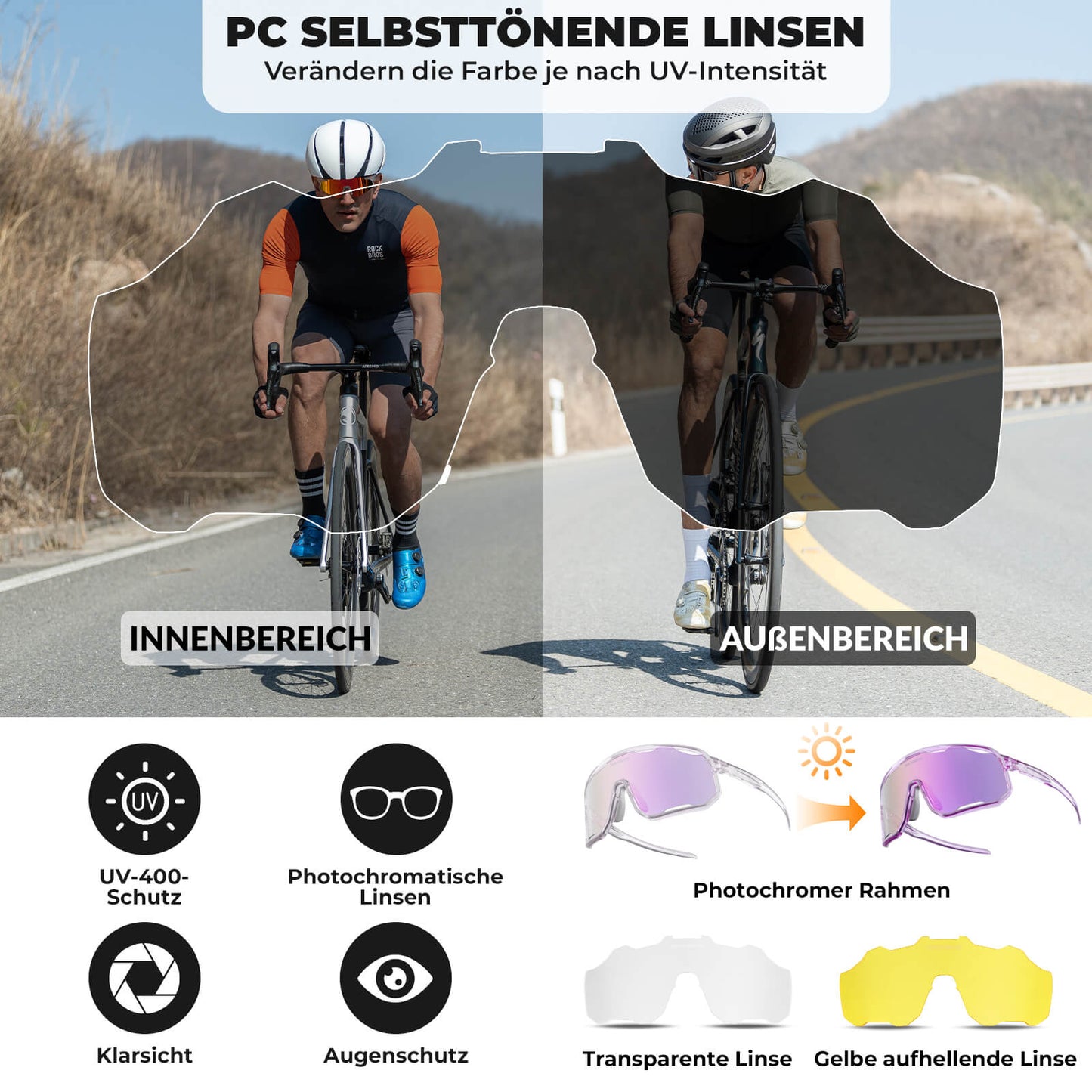 Lunettes de cyclisme, lunettes de soleil photochromiques, protection UV, plaquettes nasales interchangeables, modèle femme/homme, ROCKBROS