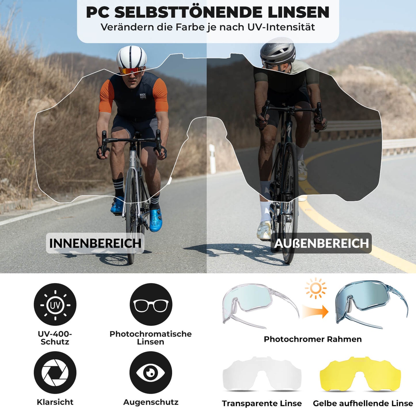 Lunettes de cyclisme, lunettes de soleil photochromiques, protection UV, plaquettes nasales interchangeables, modèle femme/homme, ROCKBROS