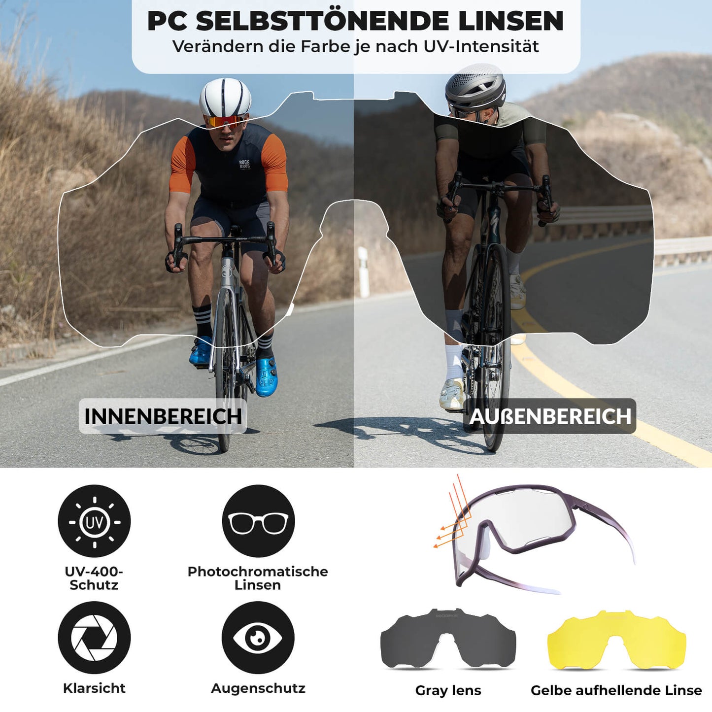 Lunettes de cyclisme, lunettes de soleil photochromiques, protection UV, plaquettes nasales interchangeables, modèle femme/homme, ROCKBROS