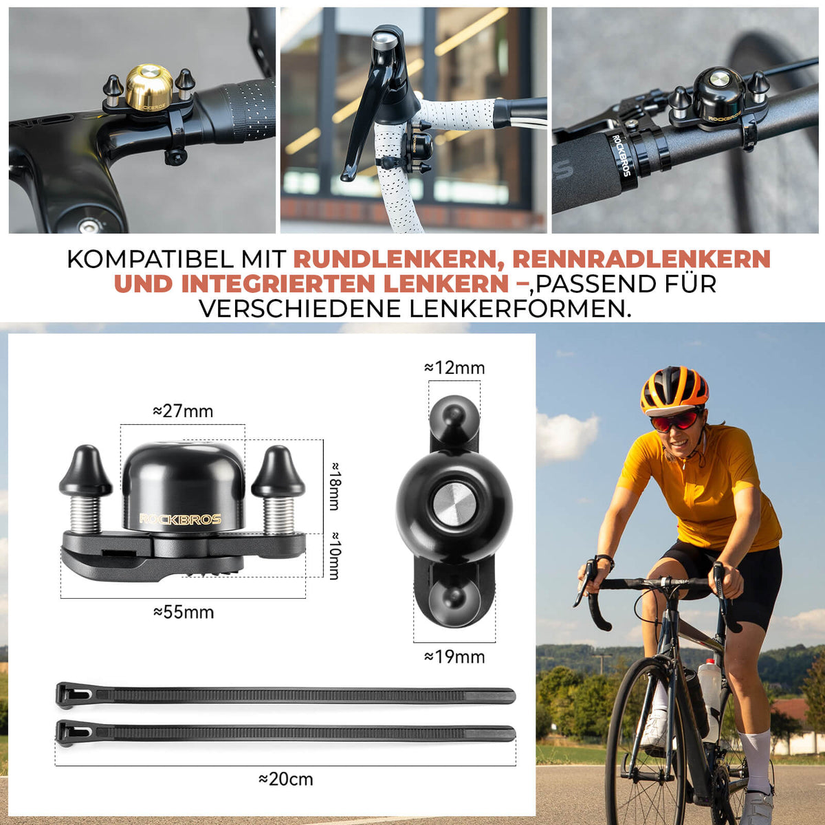 ROCKBROS Sonnette de vélo route MTB avec double marteau pivotante à 180°