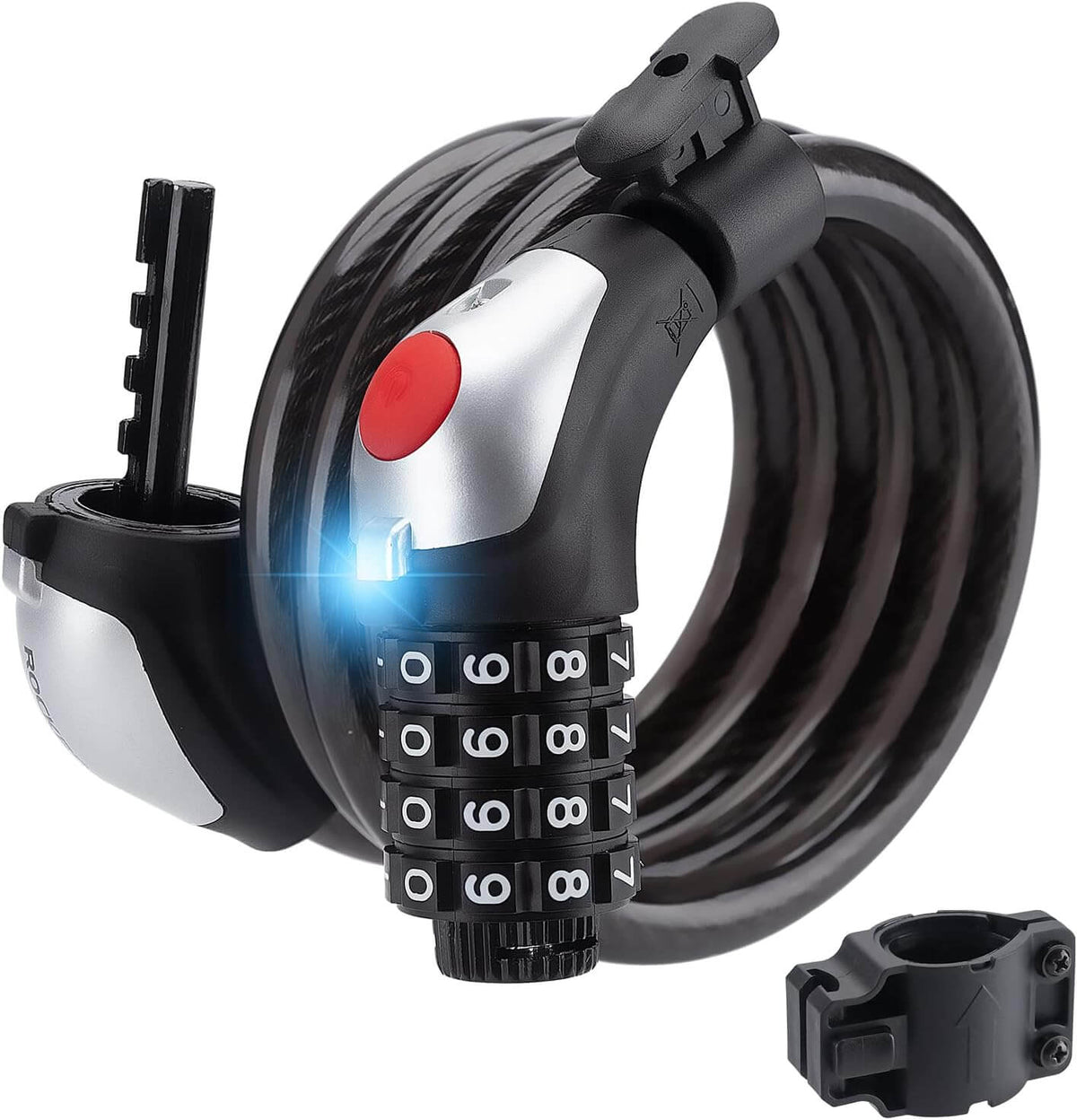 ROCKBROS Antivol vélo câble à code 4 chiffres avec lumière 120cm/180cm