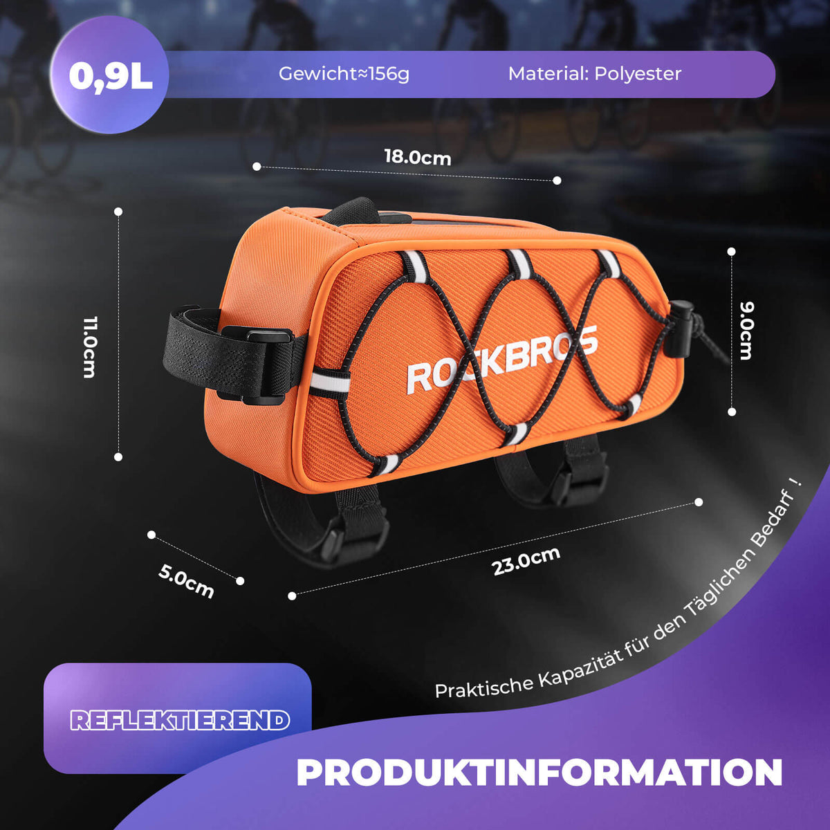 ROCKBROS Sac de cadre supérieur 1 L Entièrement réfléchissant Blanc/Orange