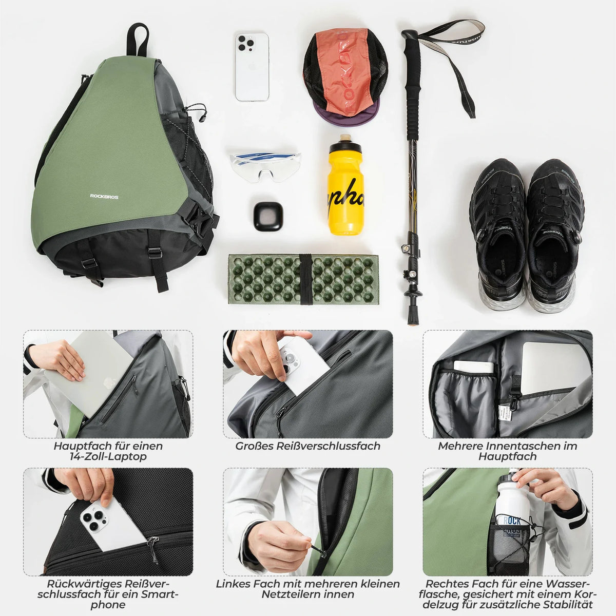 ROCKBROS Sling Bag Grand, Sac bandoulière Sling avec fermeture magnétique, Sac de portage croisé