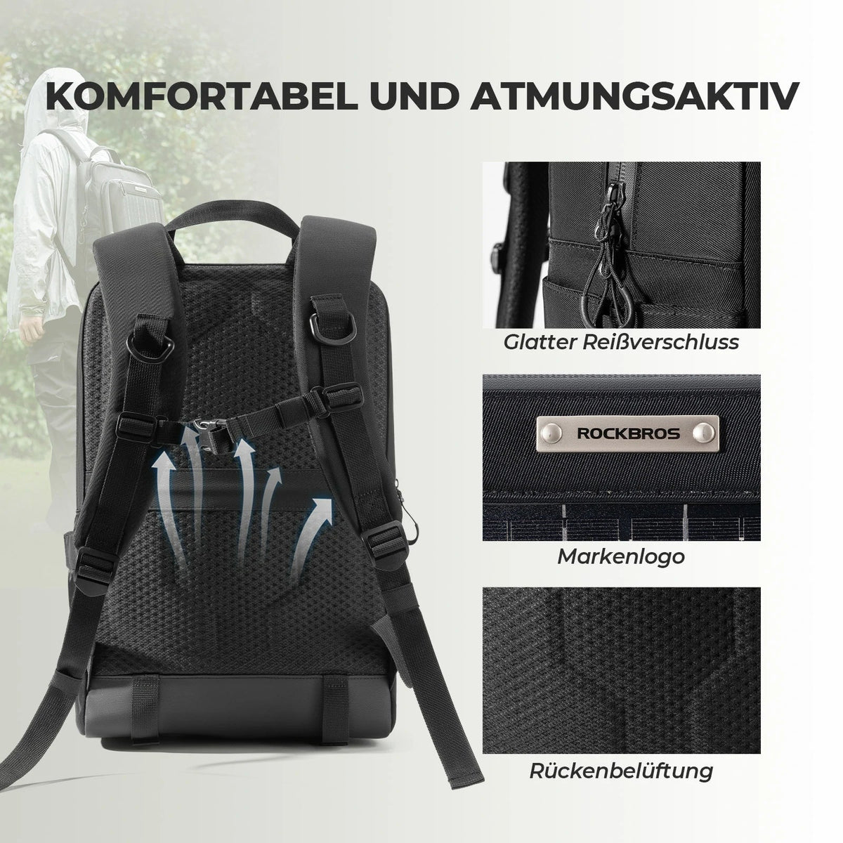 ROCKBROS Sac solaire Sac à dos solaire 20L avec panneau flexible amovible 10V 14W