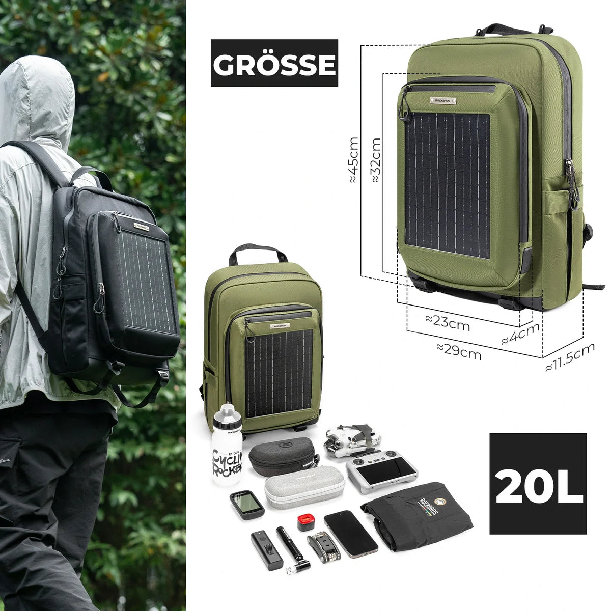 ROCKBROS Sac solaire Sac à dos solaire 20L avec panneau flexible amovible 10V 14W