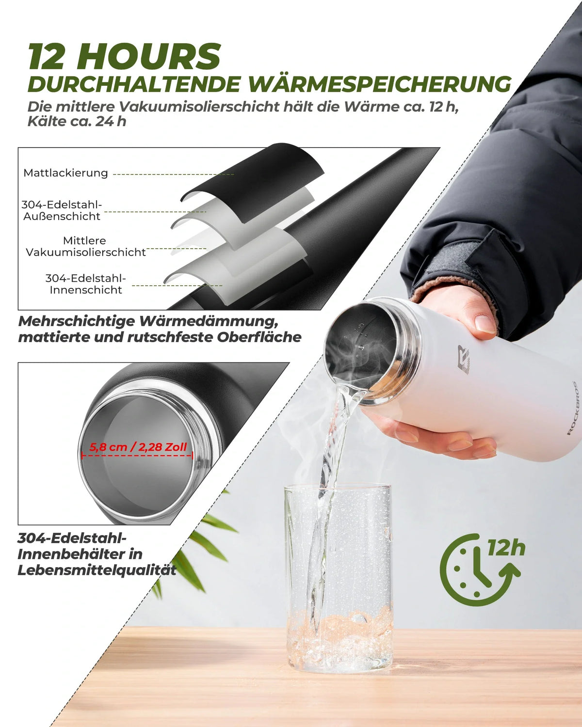 ROCKBROS Gourde en acier inoxydable 550ml/650ml/1000ml/1200ml bouteille isotherme sans BPA gourde de vélo