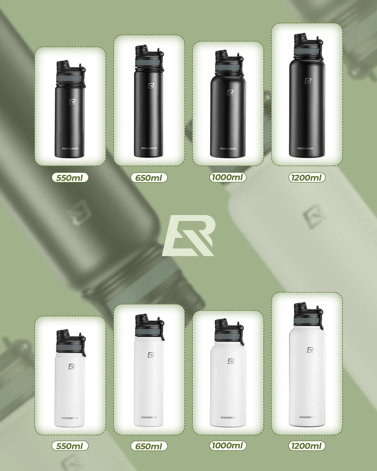 ROCKBROS Gourde en acier inoxydable 550ml/650ml/1000ml/1200ml bouteille isotherme sans BPA gourde de vélo