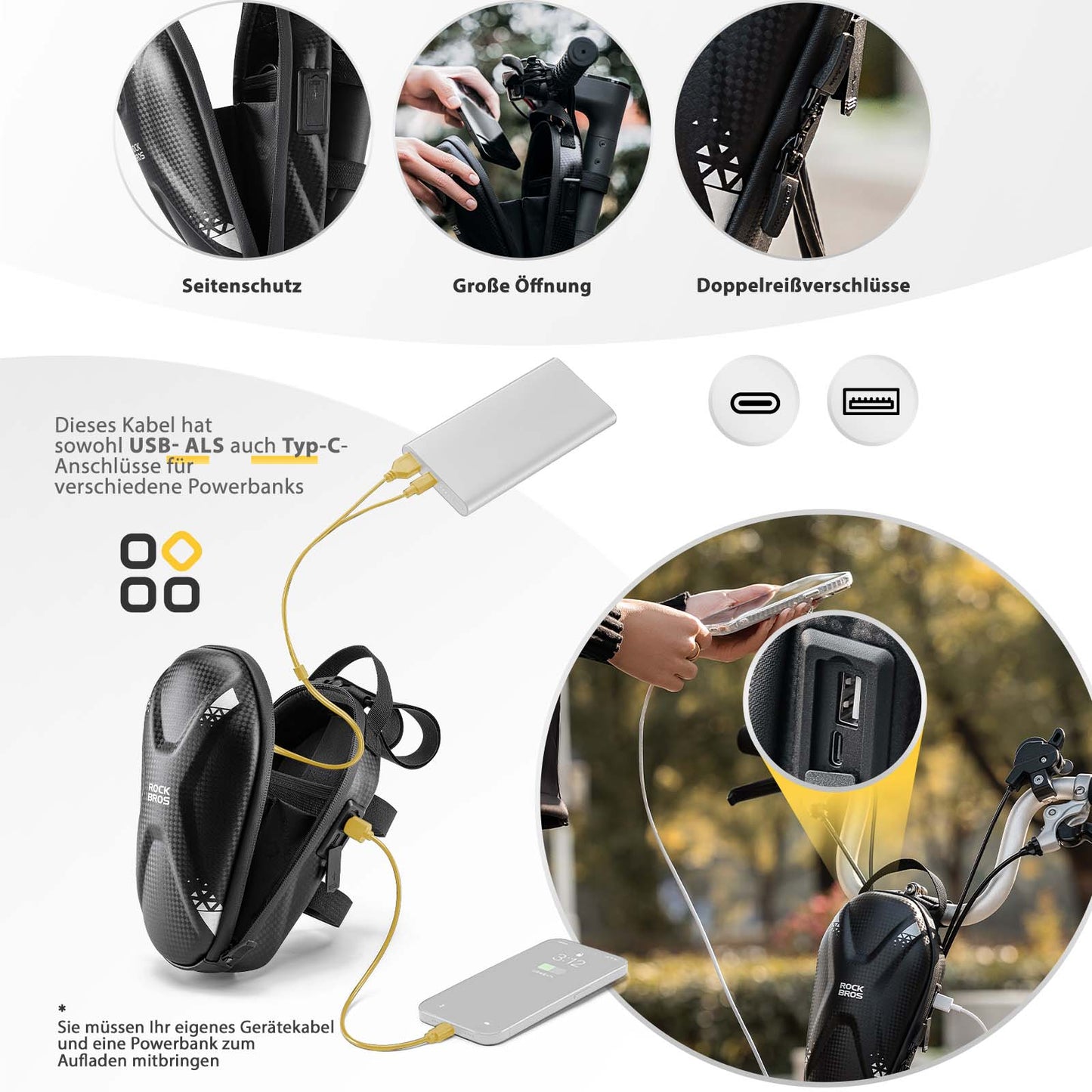 Sacoche de guidon pour trottinette électrique, sacoche avant étanche avec ports USB, ROCKBROS