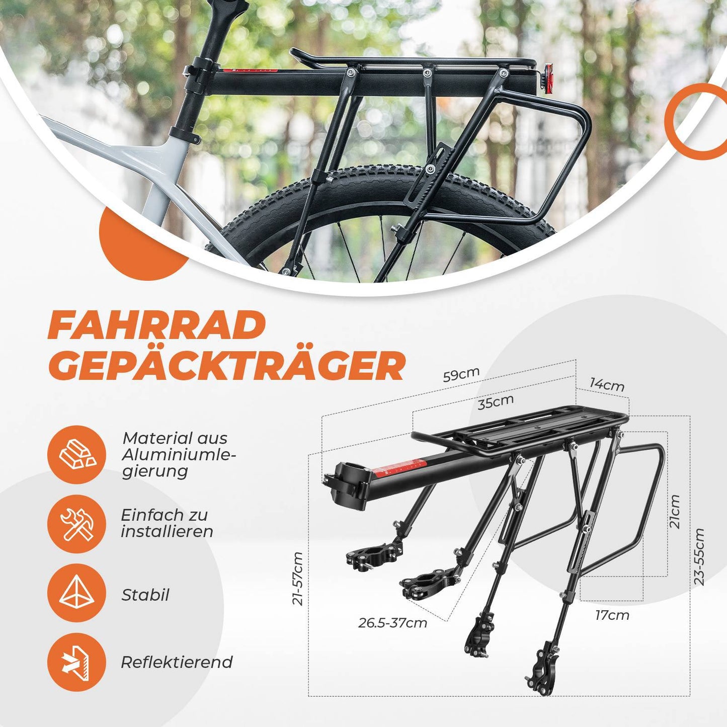Porte-bagages de vélo réglable avec système de fixation rapide et réflecteur, ROCKBROS