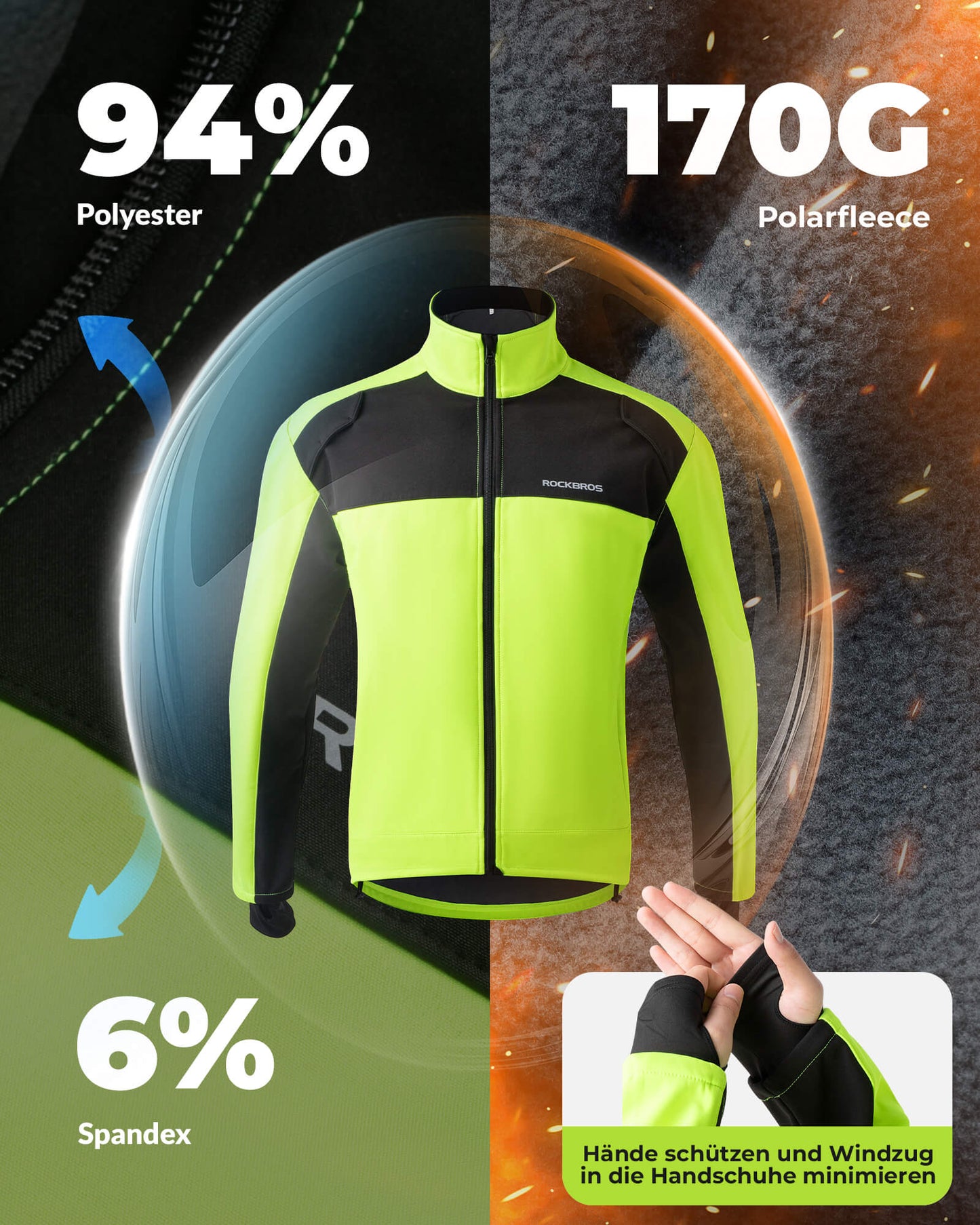 Veste et pantalon de cyclisme d'hiver vert vif ROCKBROS