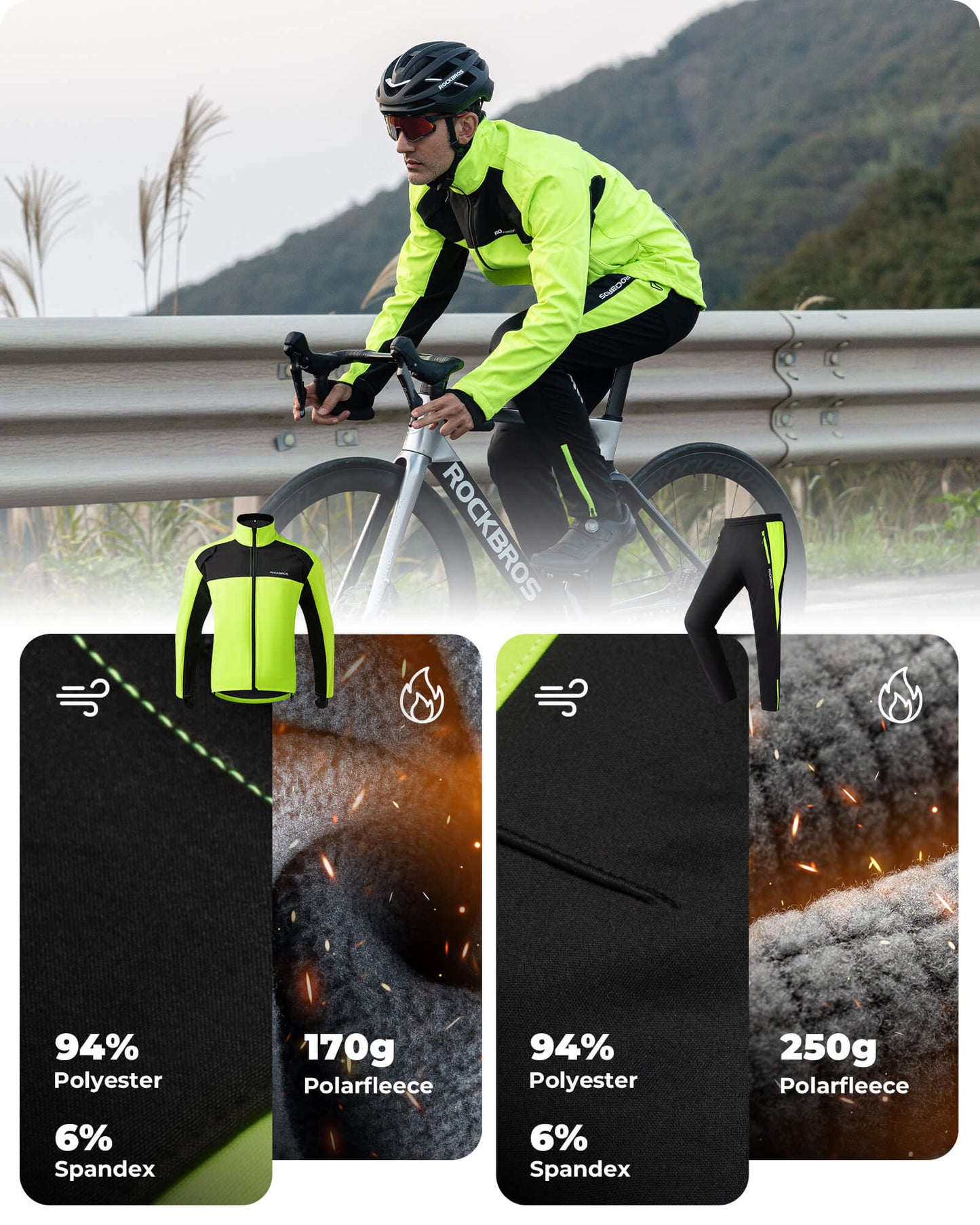 Veste et pantalon de cyclisme d'hiver vert vif ROCKBROS