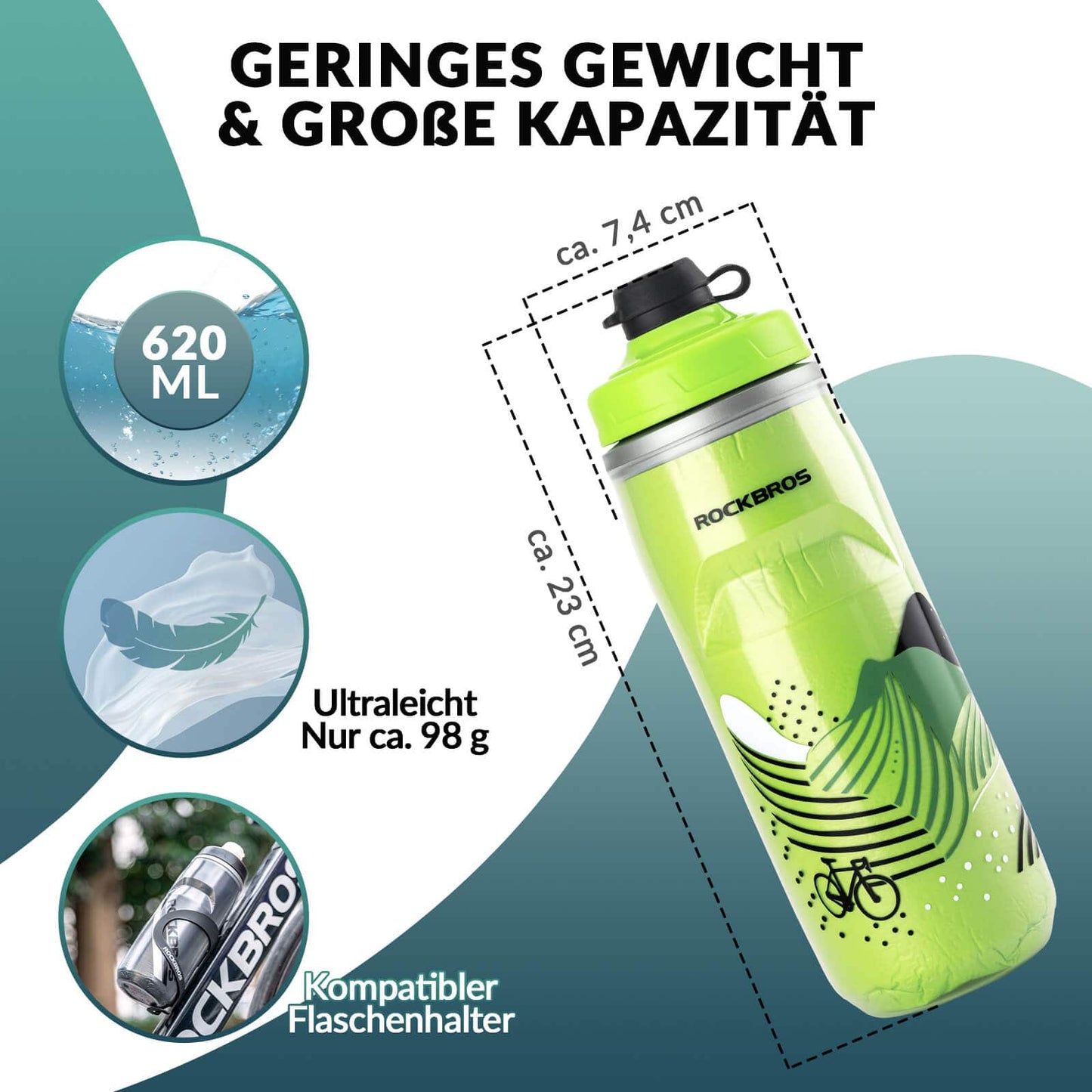 Gourde de cyclisme de 620 ml, gourde de sport avec fonction de refroidissement de 5 heures, ROCKBROS