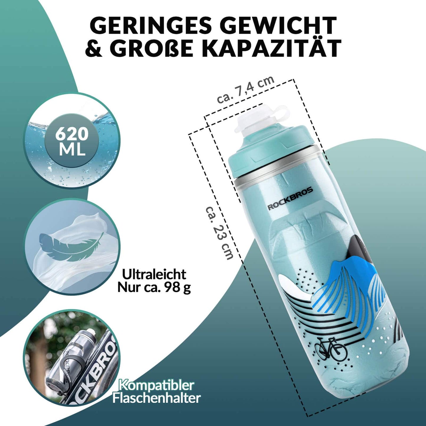 Gourde de cyclisme de 620 ml, gourde de sport avec fonction de refroidissement de 5 heures, ROCKBROS