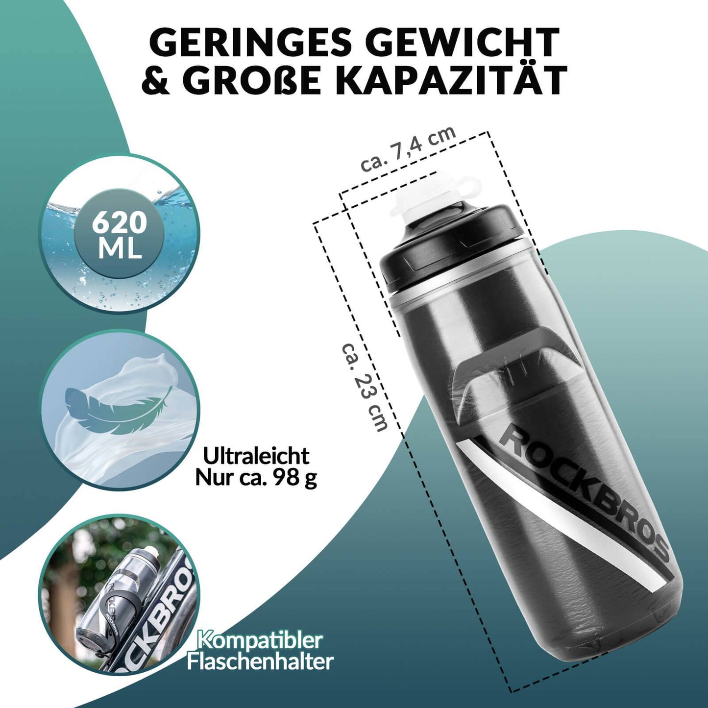 Gourde de cyclisme de 620 ml, gourde de sport avec fonction de refroidissement de 5 heures, ROCKBROS