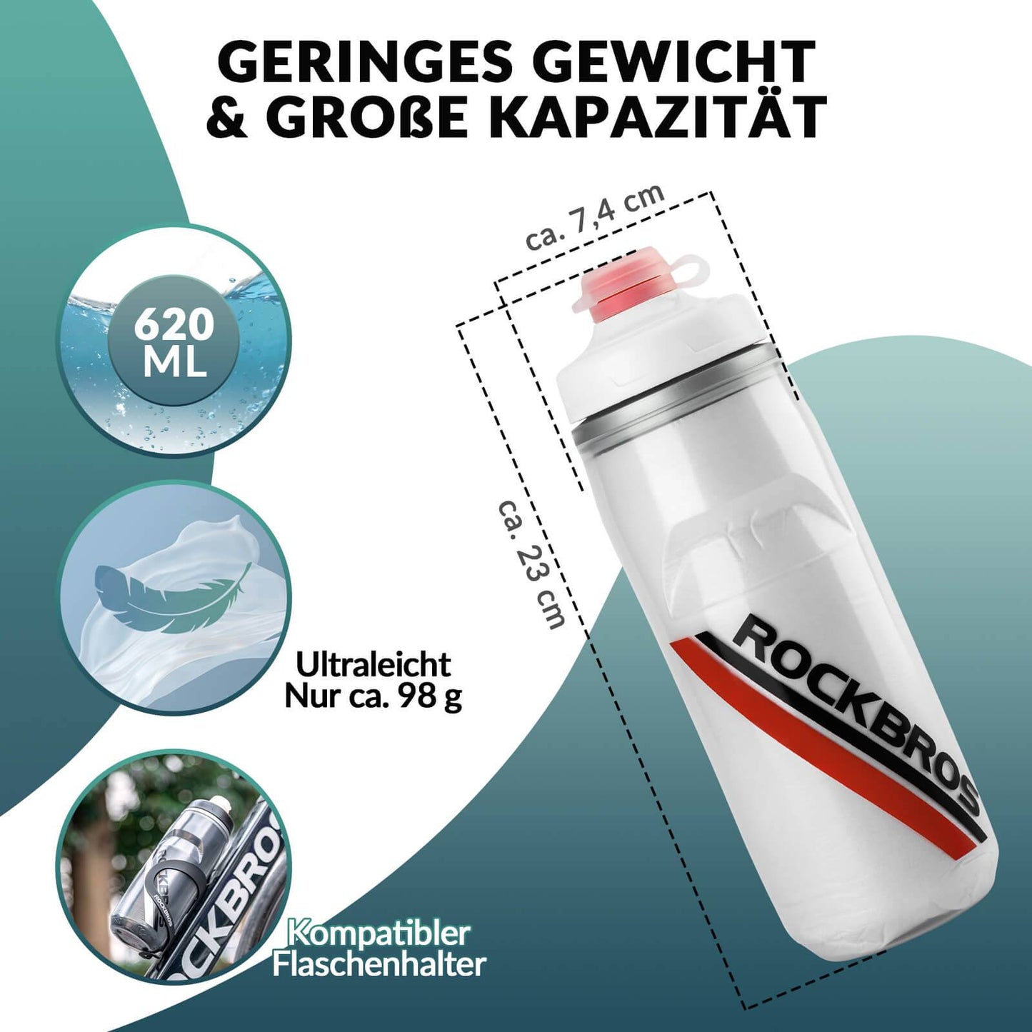 Gourde de cyclisme de 620 ml, gourde de sport avec fonction de refroidissement de 5 heures, ROCKBROS