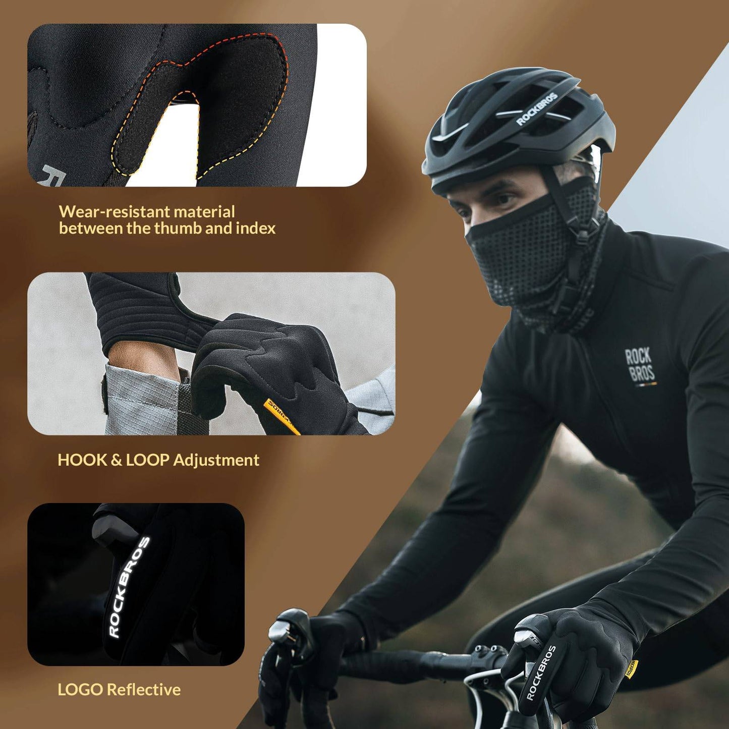 Gants de cyclisme chauds, coupe-vent et à doigts complets ROCKBROS