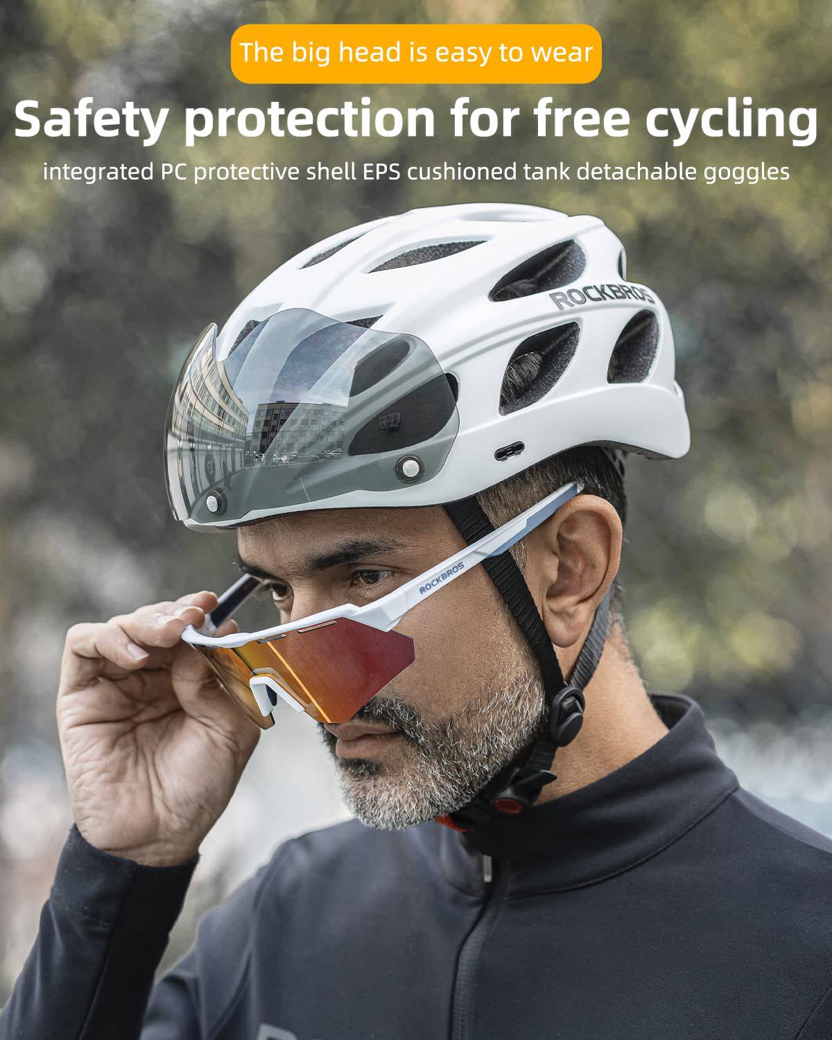 Casque de vélo ROCKBROS avec lunettes magnétiques amovibles intégrées & visière