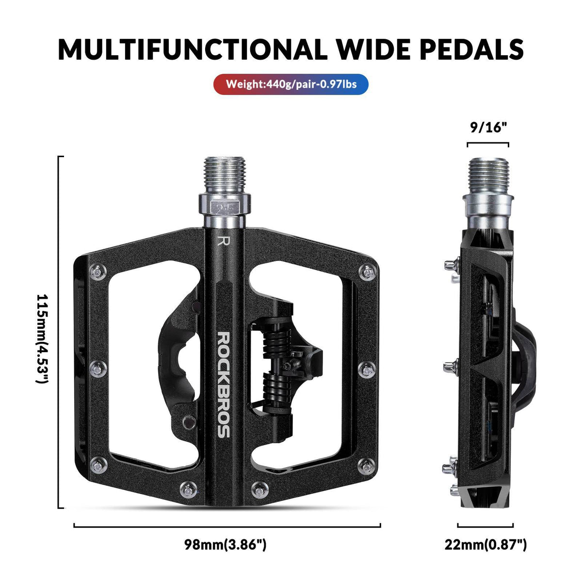ROCKBROS Pédales de vélo Alu 2 en 1 Pédales SPD pour VTT vélo de route vélo de ville