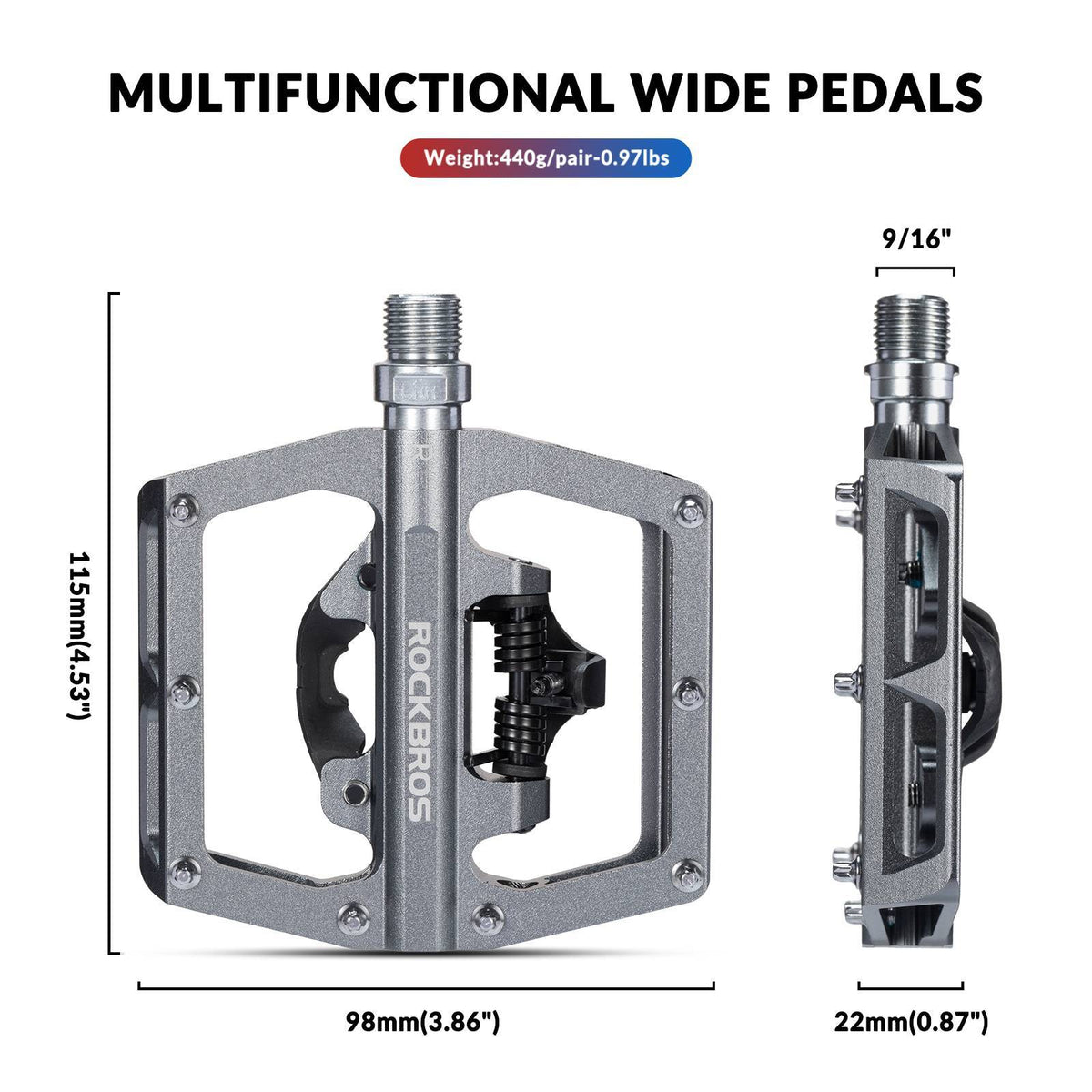 ROCKBROS Pédales de vélo Alu 2 en 1 Pédales SPD pour VTT vélo de route vélo de ville
