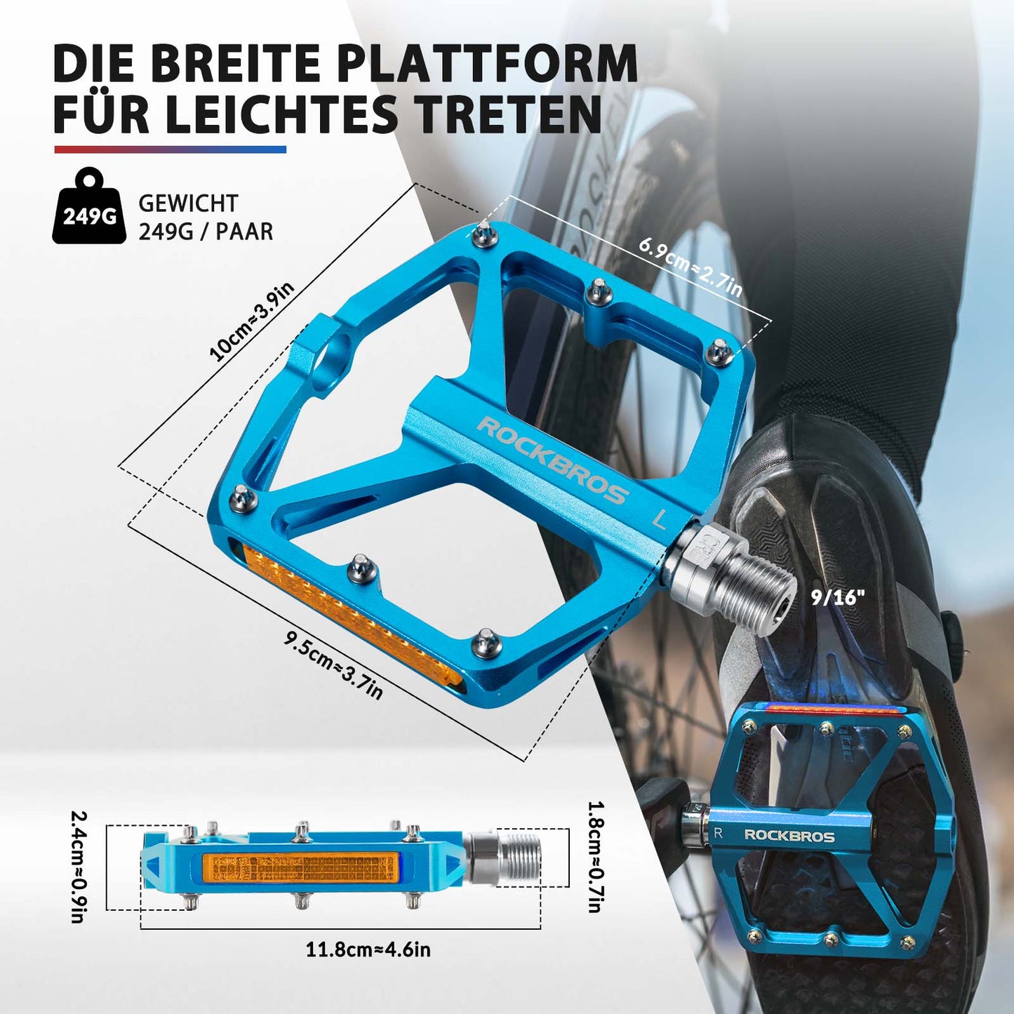 Pédales de vélo avec réflecteurs, en alliage d'aluminium, 9/16 pouce, ROCKBROS