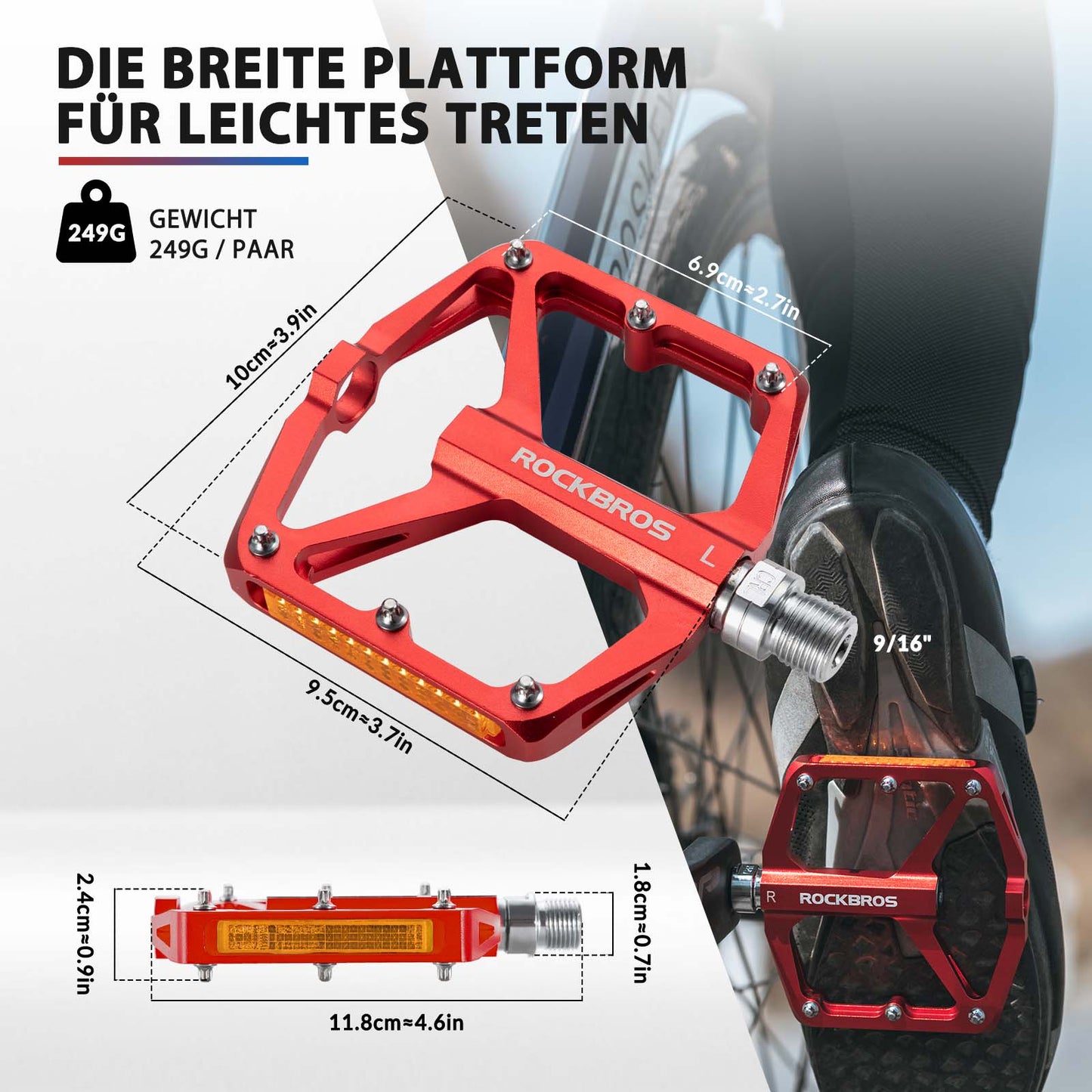 Pédales de vélo avec réflecteurs, en alliage d'aluminium, 9/16 pouce, ROCKBROS