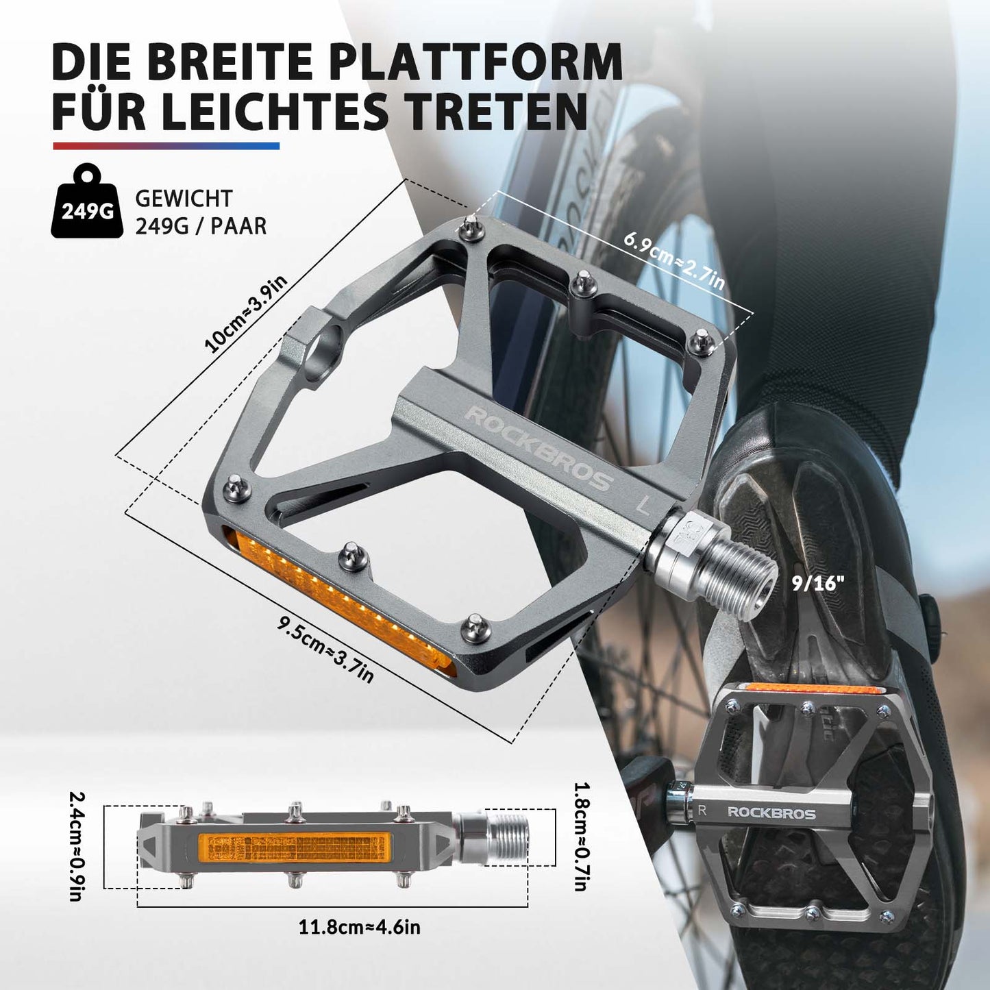 Pédales de vélo avec réflecteurs, en alliage d'aluminium, 9/16 pouce, ROCKBROS