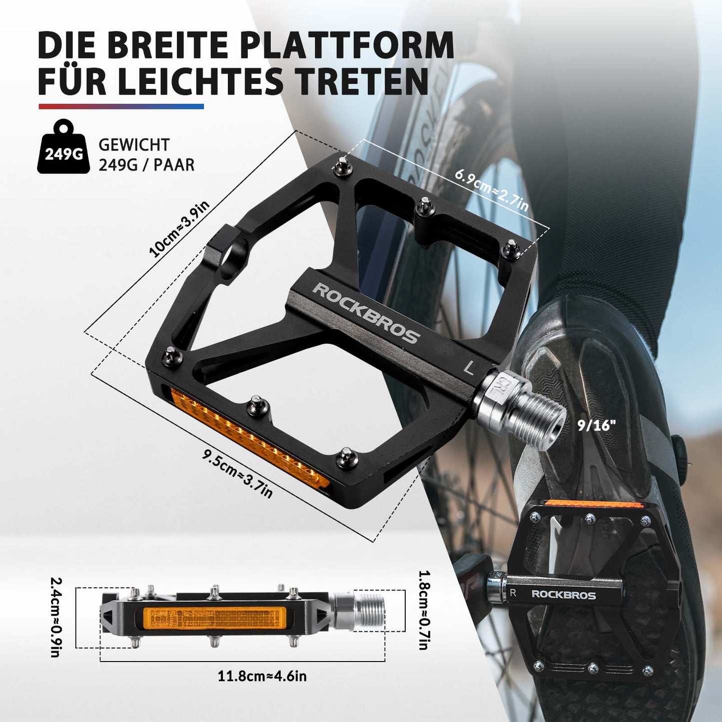Pédales de vélo avec réflecteurs, en alliage d'aluminium, 9/16 pouce, ROCKBROS