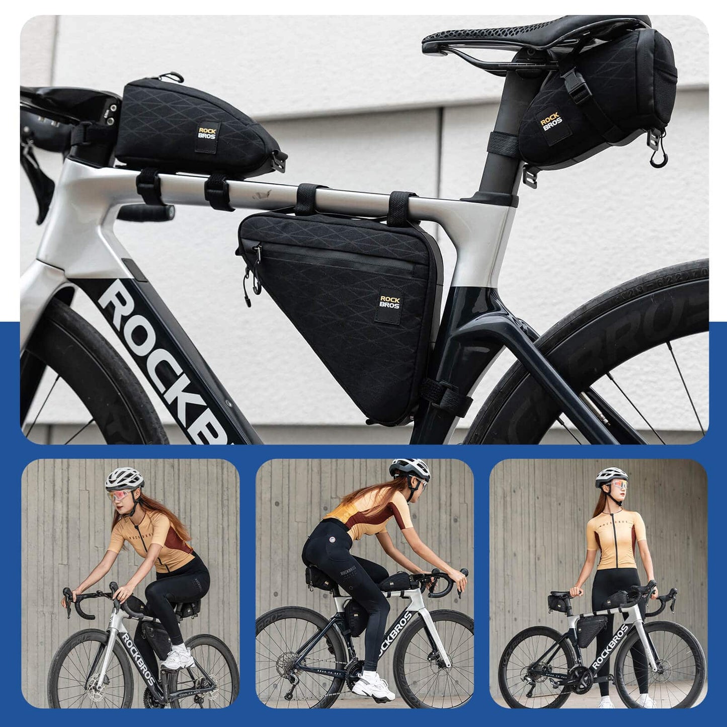 Ensemble de sacoches pour vélo : 2 sacoches de cadre + 1 sacoche de selle avec bandoulière réglable, 1,2 L, ROCKBROS