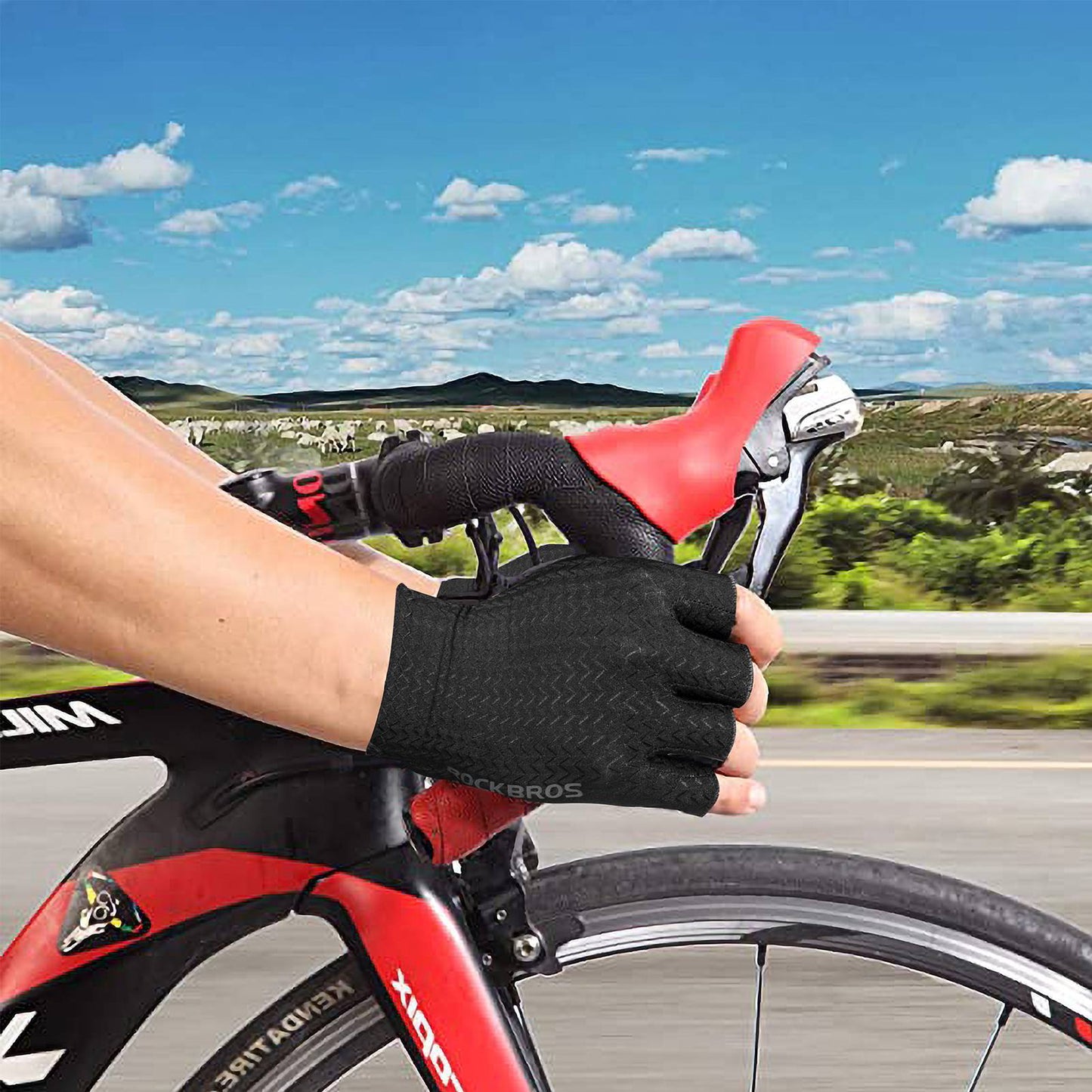 Gants de moto demi-doigts antidérapants à motif gel ROCKBROS