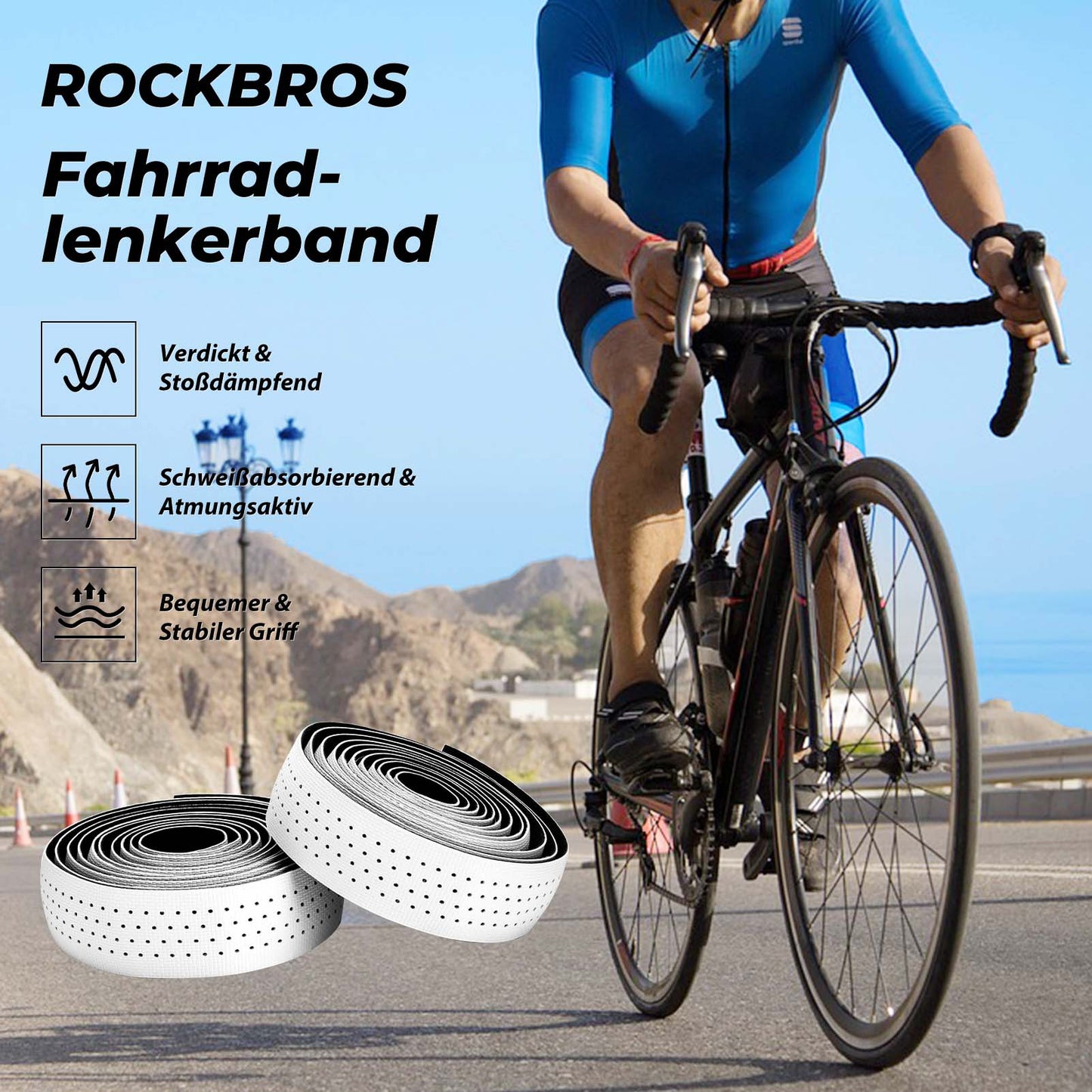 Ruban de guidon pour vélo de route, antidérapant, absorbant les chocs, 2 rouleaux, ROCKBROS