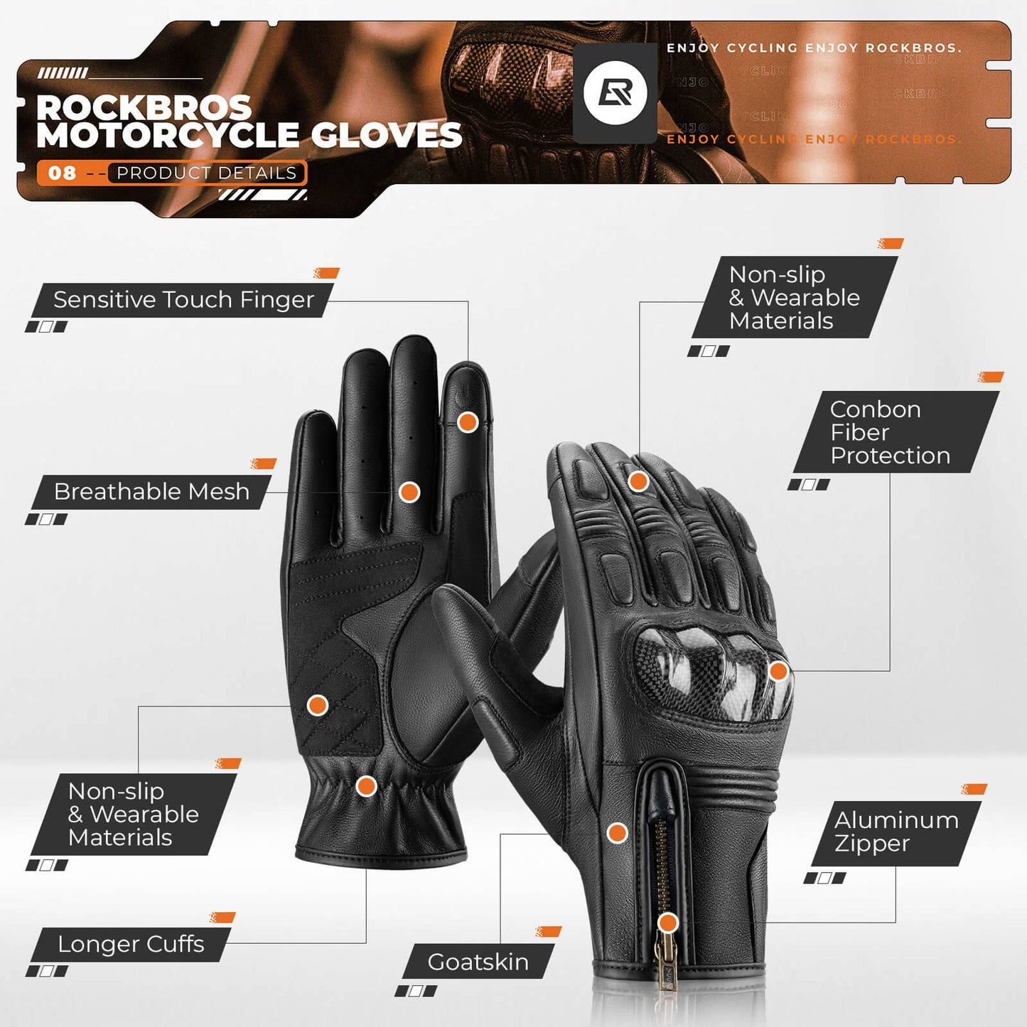 Gants de moto, tactiles, en cuir, à doigts entiers, respirants, ROCKBROS