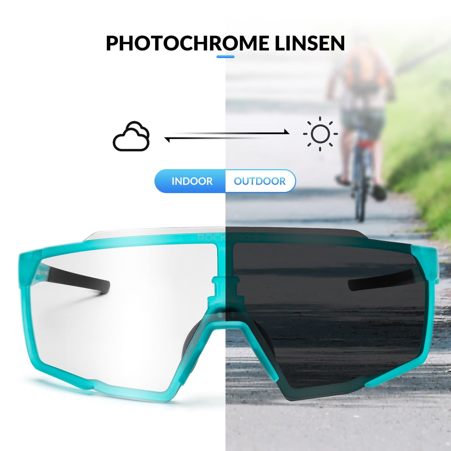 Lunettes de cyclisme photochromiques HD pour activités de plein air, bleues, ROCKBROS