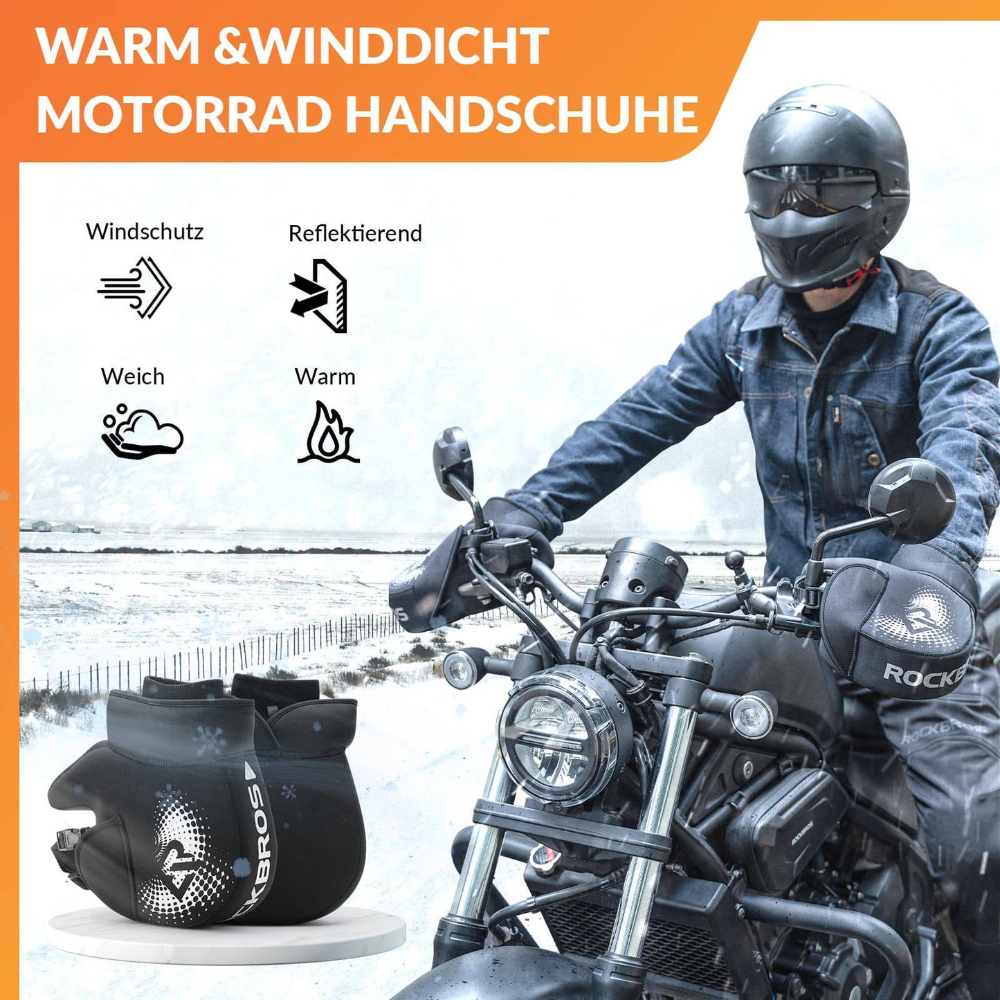 Gants de moto coupe-vent d'hiver avec manchons de guidon noirs ROCKBROS
