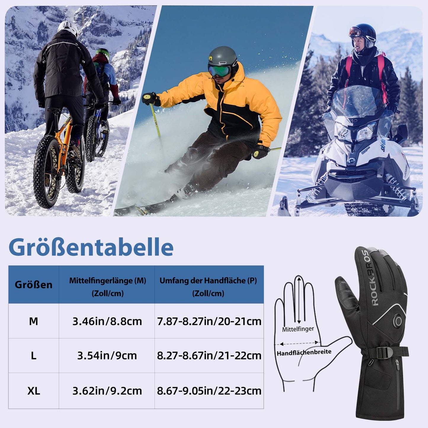 Gants de ski d'hiver chauffants rechargeables noirs ROCKBROS