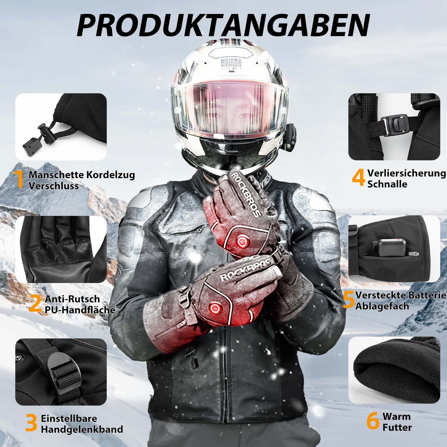 Gants de ski d'hiver chauffants rechargeables noirs ROCKBROS