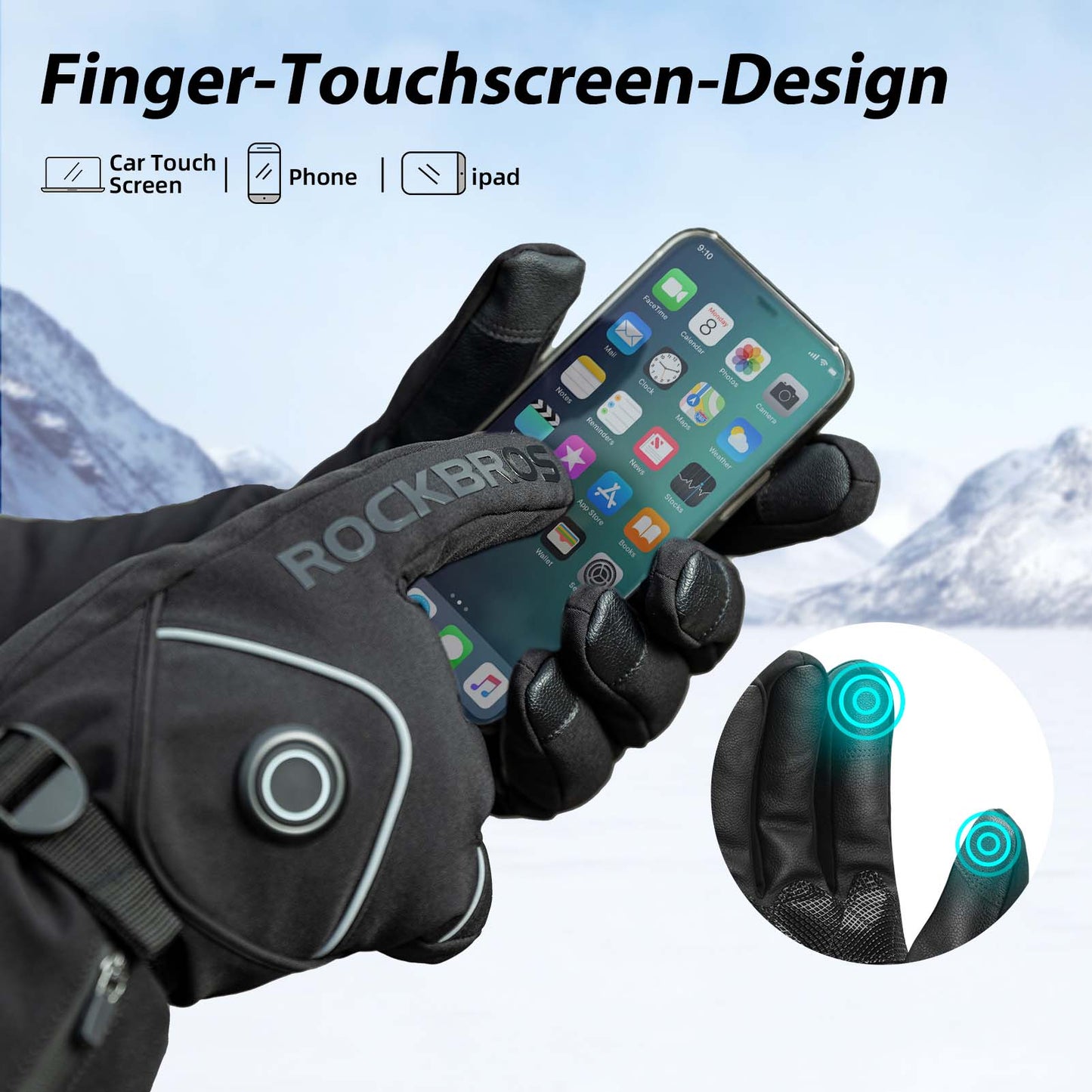 Gants de ski d'hiver chauffants rechargeables noirs ROCKBROS
