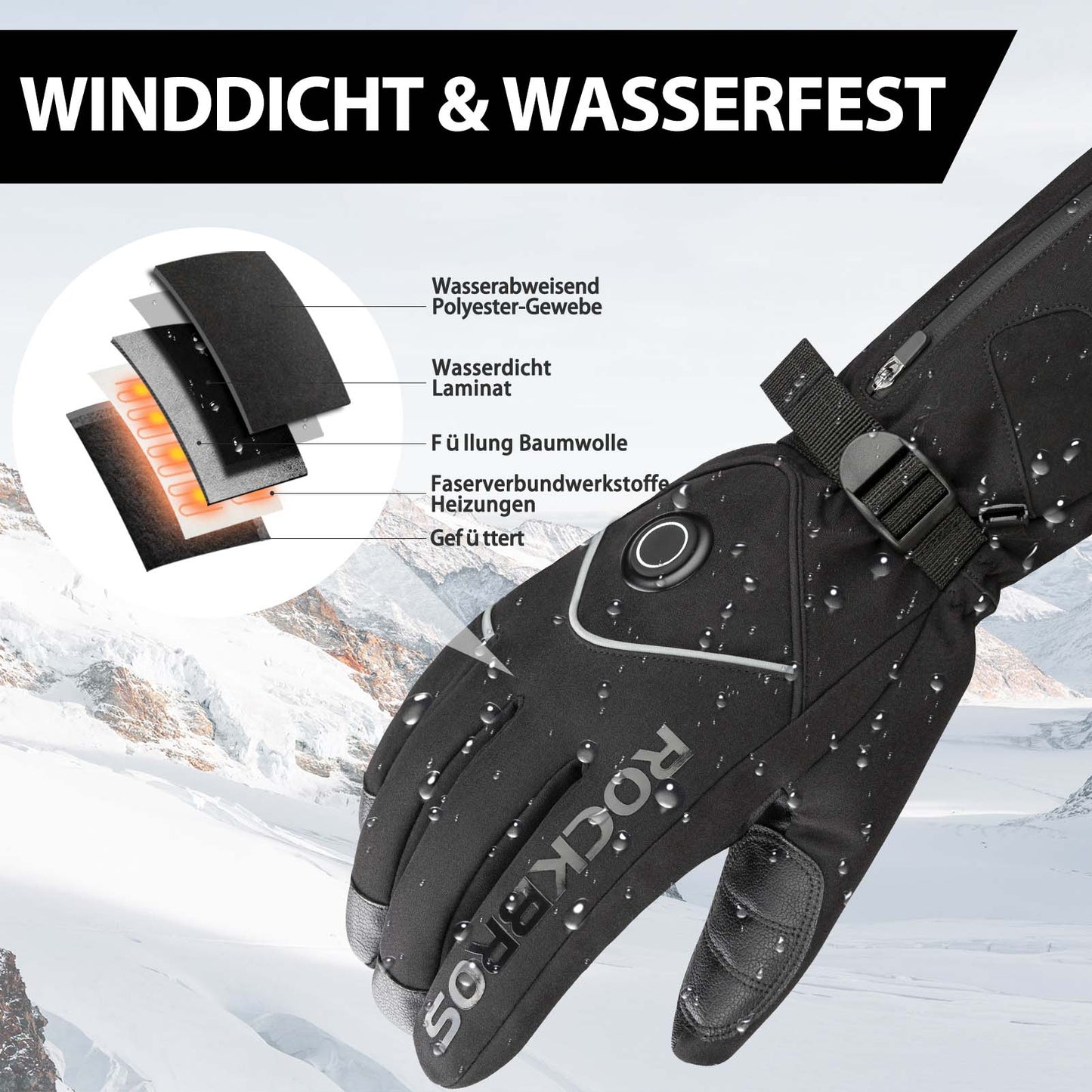 Gants de ski d'hiver chauffants rechargeables noirs ROCKBROS