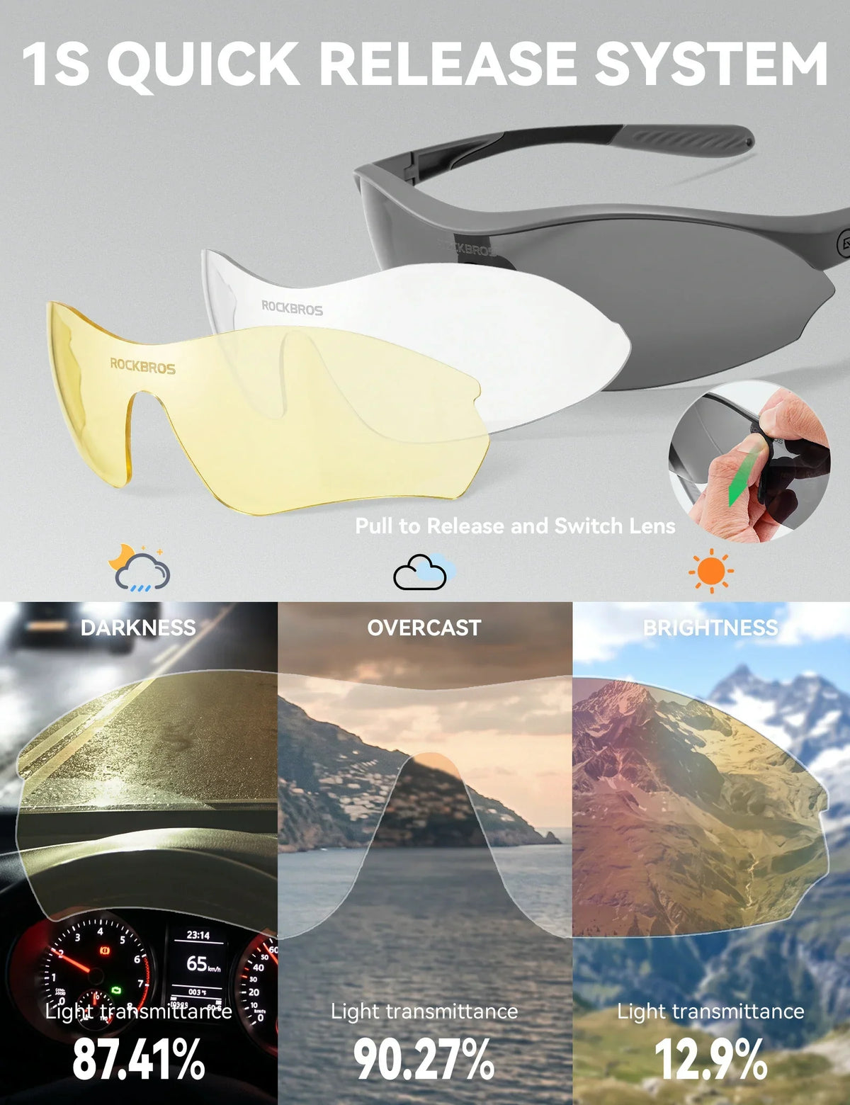 Lunettes de soleil de cyclisme sportif ROCKBROS avec 3 verres UV400 interchangeables