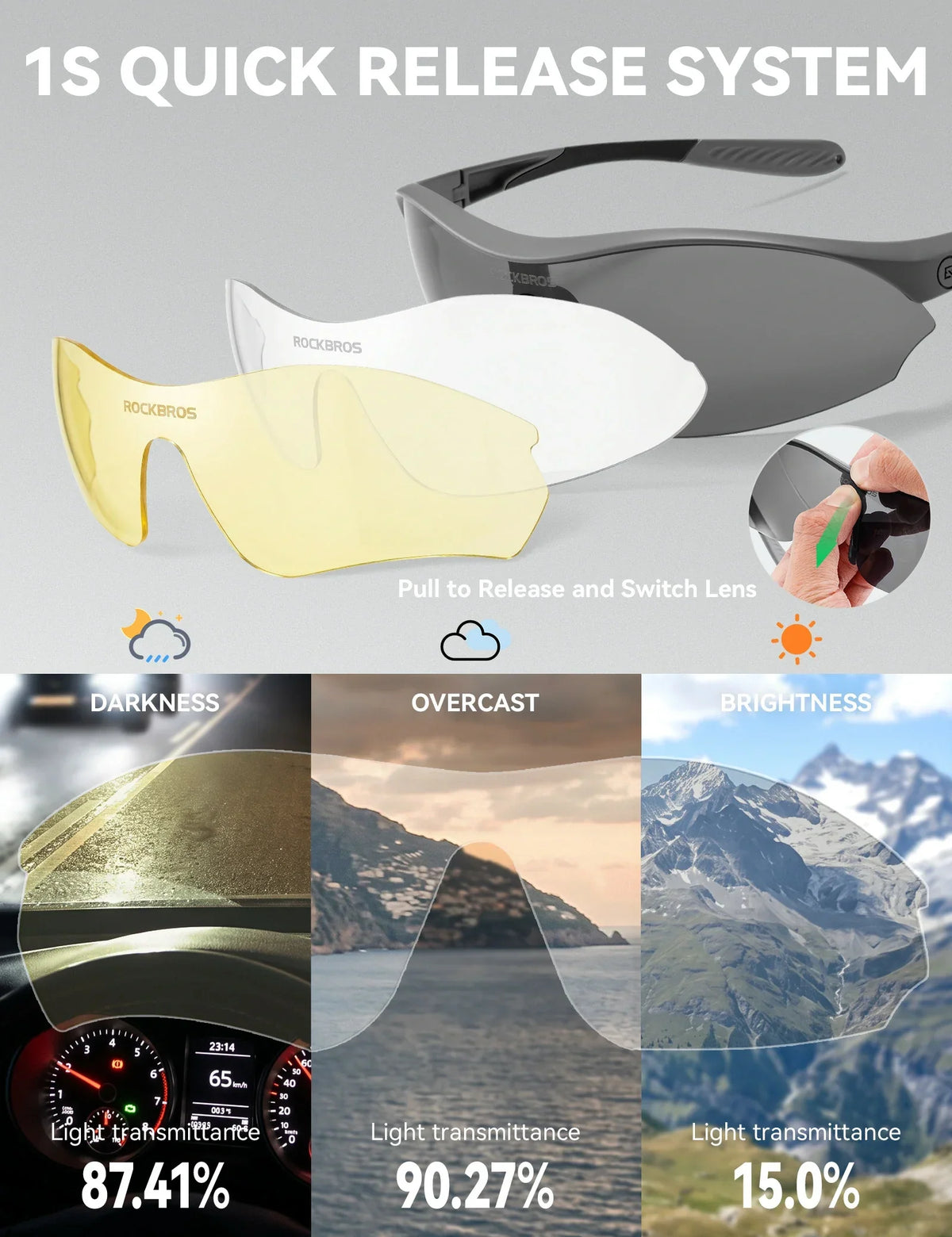 Lunettes de soleil de cyclisme sportif ROCKBROS avec 3 verres UV400 interchangeables
