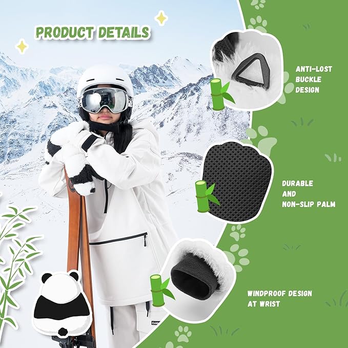 Qunature Gants de ski Panda Design pour enfants âgés de 4 à 12 ans, chauds, thermiques, coupe-vent, en polaire, idéaux pour les activités hivernales telles que le ski, le snowboard, le patinage sur glace